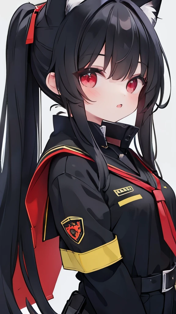 long black hair,Cat-eared girl,red eyes,((All black police uniform))