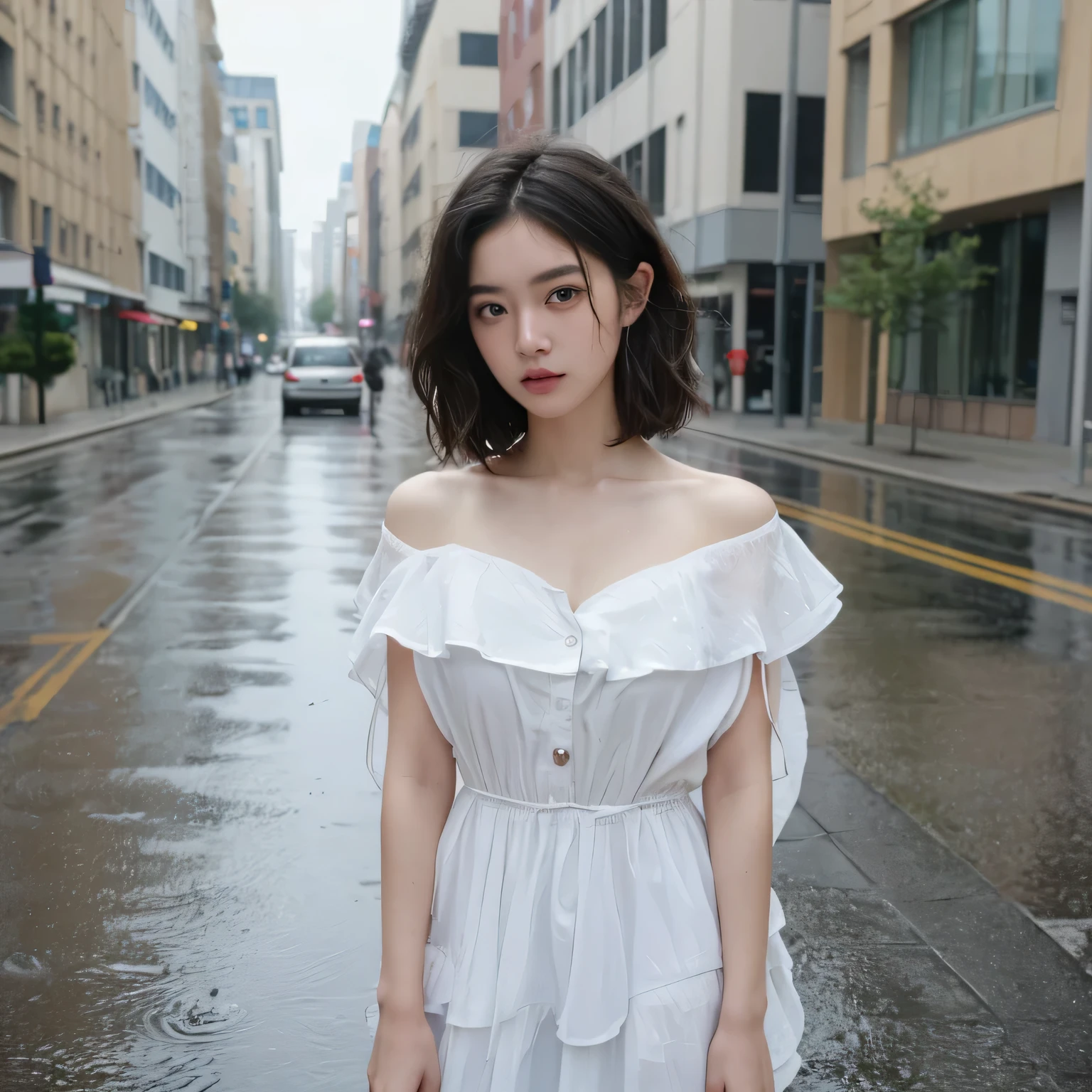 ((highest quality, 8k, masterpiece:1.3)), concentrate:1.2, perfect body beauty:1.4, buttocks:1.2, ((layered haircut, chest:1.2)), (wet clothes:1.1) , (rain, street:1.3), bandeau dress: 1.1, Highly detailed face and skin texture, fine eyes, double eyelid, whitened skin, long hair, (shut up: 1.3)