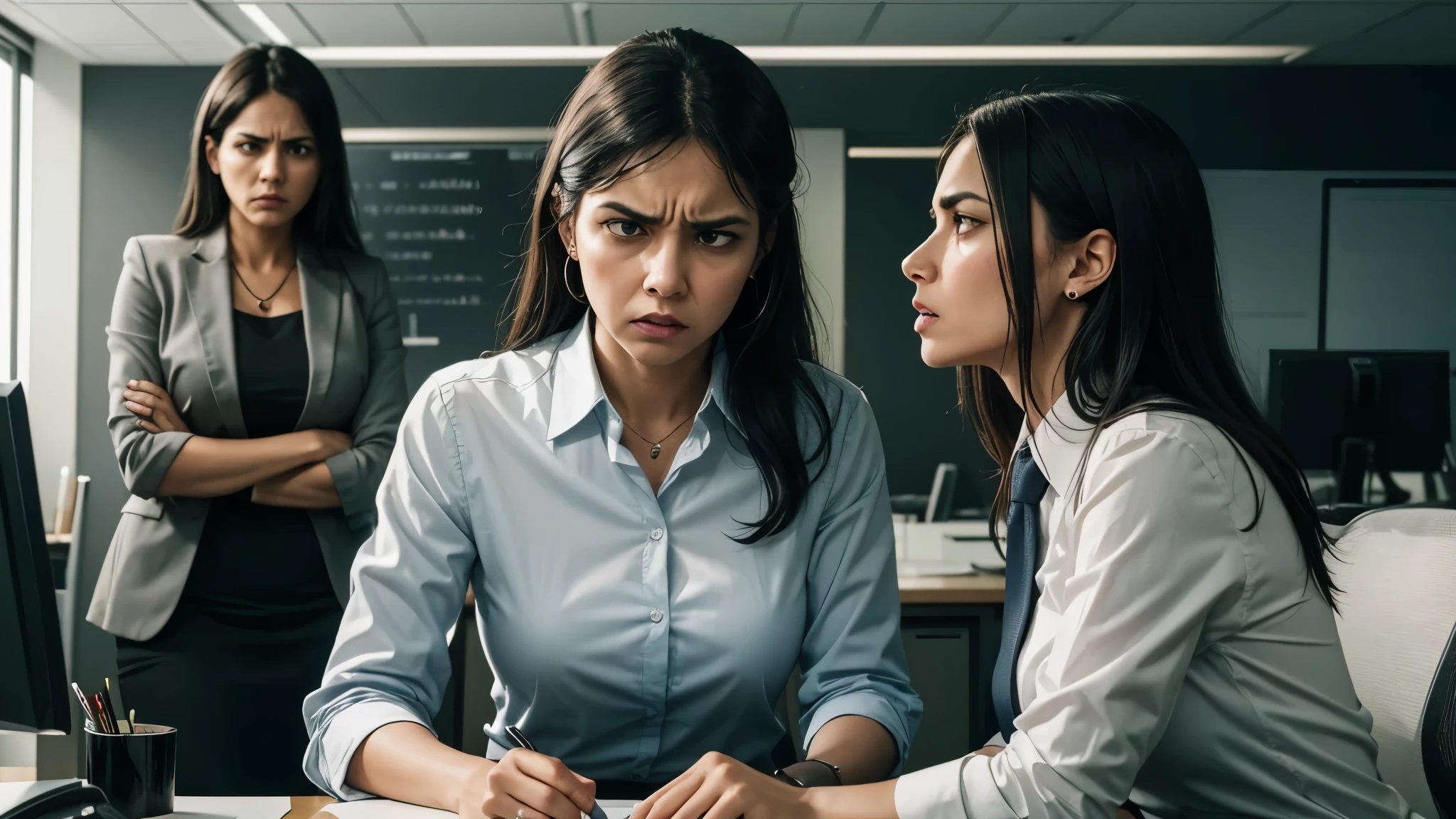 Angry receptionist yelling, head on