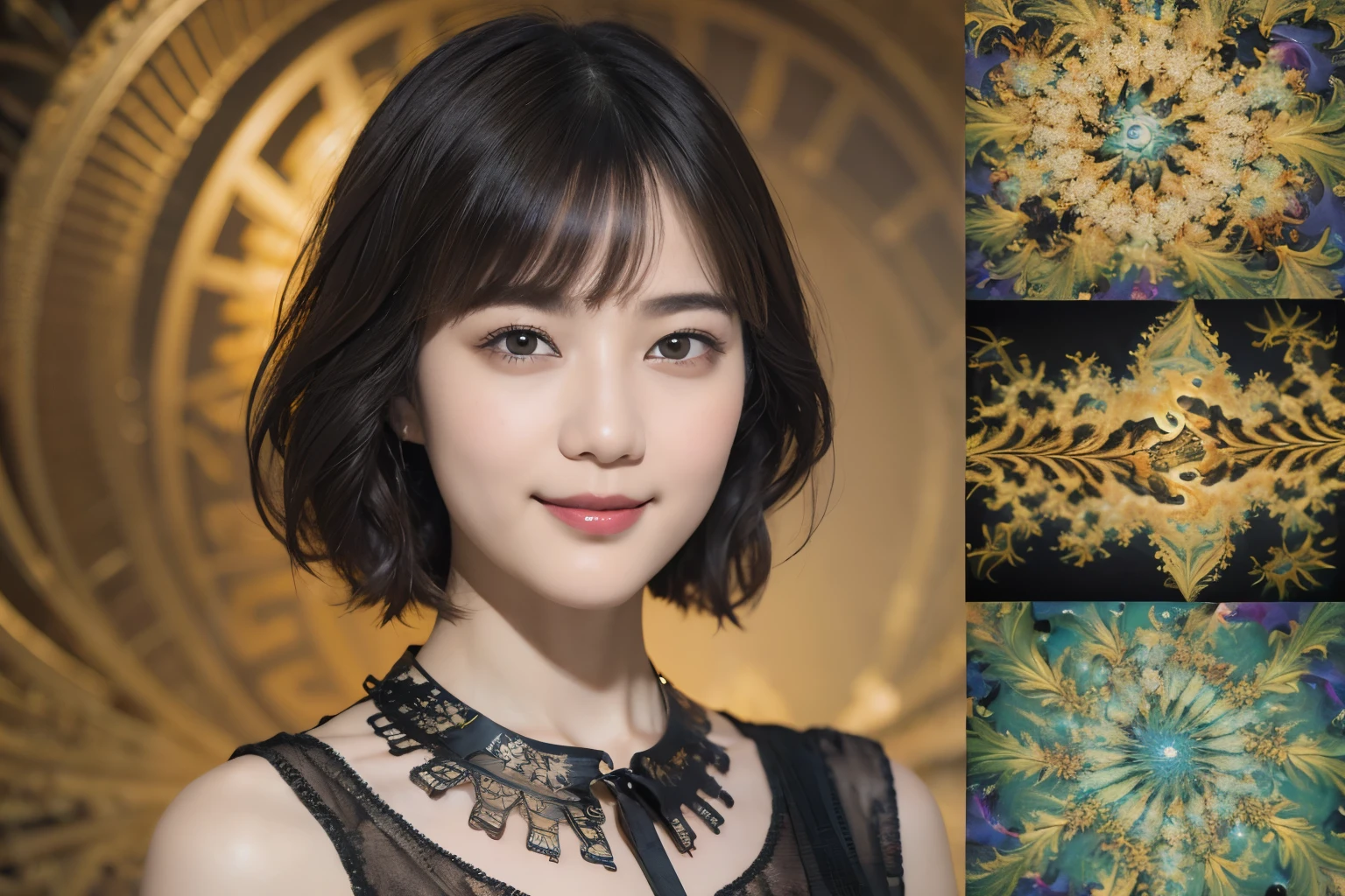 172
Shorthair, a 20 yo woman, gentle smile, abstract, (entangle:1.2), (background is fractal design:1.46)