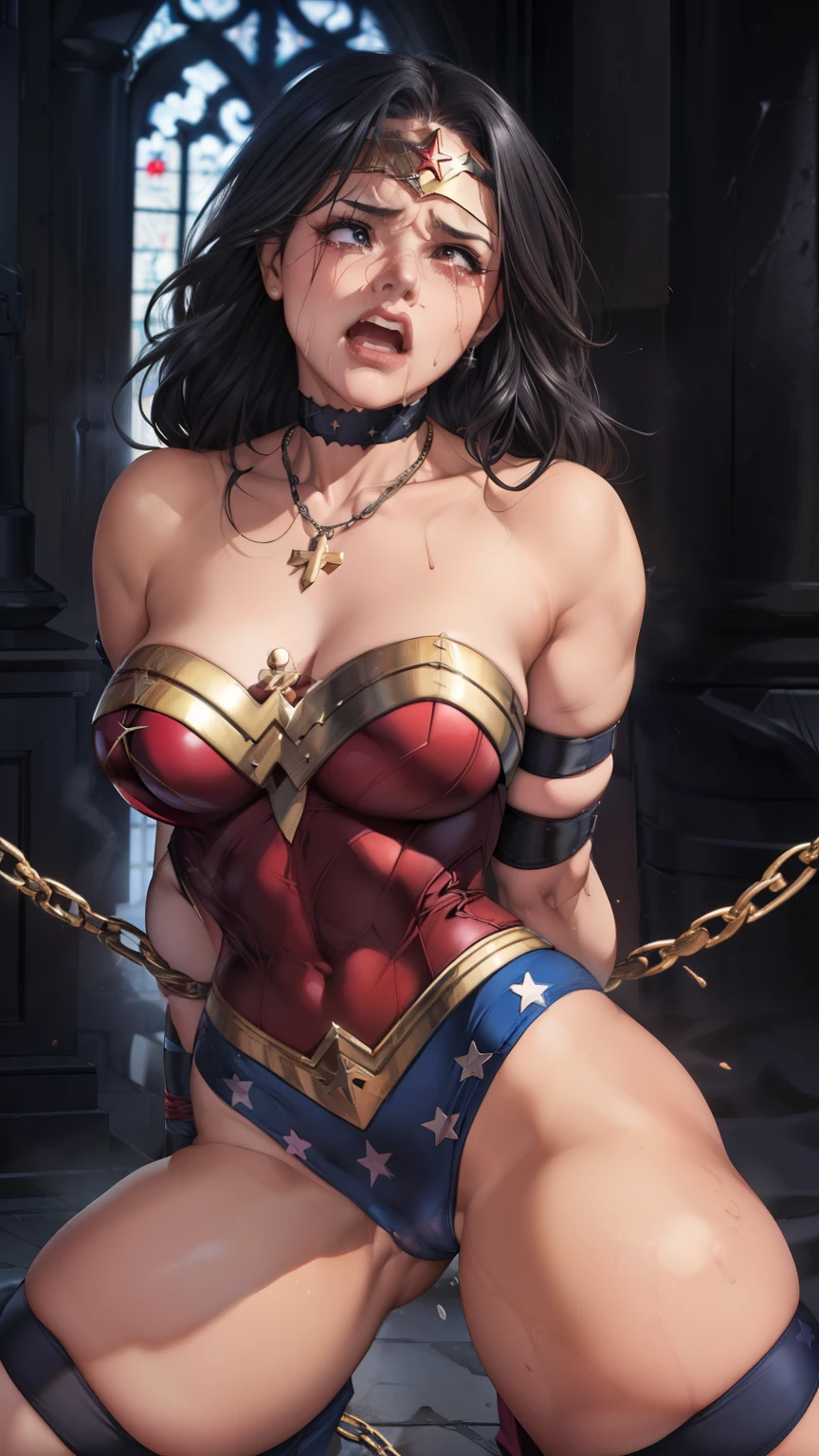 (((mulher maravilha, exposta na igreja, como uma noiva estuprada))) ,((SUPERHEROINE mulher maravilha IS A FILTHY OLD WHORE)), ((emotional expression,expression of pain and despair, gritando de dor, expression of suffering, olhos arregalados)),(Wonder Woman is standing,  on tiptoe), (She's crying a loa tem cabelo preto, ela tem cabelo longo)), ((She wears a thick metal necklace around her neck...)), (Ela esta vestindo roupas imorais, she is wearing indecent clothes), (obra-prima, melhor qualidade) 1.5, 1 garota, sozinho, (sexy, mulher bonita, rosto perfeito, olhos perfeitos), corpo inteiro. ((She is wearing starry lace panties)), tears running down your face)), ((WonderWoman in Strappado bondage ,arms are bound behind their back, then by use of some method of attachment such as a rope or chain that runs from their wrists to a securing point above, their arms are lifted behind them until the person is forced to bend forward)), (((emotional expression,expression of pain and despair, gritando de dor, expression of suffering, olhos arregalados, expression of fear, corpo se contorcendo de dor)))