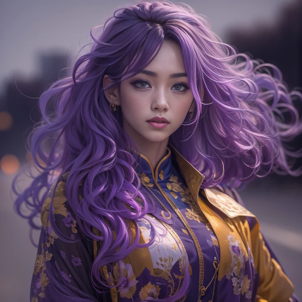 32k（masterpiece，HD，Ultra high quality，32k）Bright purple long flowing hair，autumn pond，Ziddink， a color，  Asian （Silly girl）， （silk scarf）， fighting stance， looking at the ground， long white hair， Floating bright purple， Fire cloud gold headdress， Chinese long-sleeved gold silk garment， （Abstract ink splash：1.2）， Black smoke background，Lotus protector（realistically：1.4），bright purple hair，Smoke on the road，The background is very pure， high resolution， detail， RAW photos， Sharp Re， Nikon D850 film photo by Jefferies Lee 4 Kodak Portra 400 camera F1.6 guns, colorful, Ultra-realistic and vivid textures, dramatic lighting, Unreal Engine Art Station Trend, Sinest 800，Bright purple long flowing hair