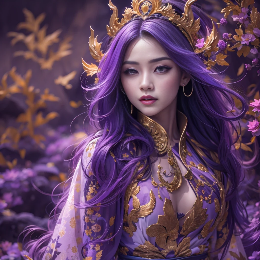 32k（masterpiece，HD，Ultra high quality，32k）Bright purple long flowing hair，autumn pond，Ziddink， a color，  Asian （Silly girl）， （silk scarf）， fighting stance， looking at the ground， long white hair， Floating bright purple， Fire cloud gold headdress， Chinese long-sleeved gold silk garment， （Abstract ink splash：1.2）， Black smoke background，Lotus protector（realistically：1.4），bright purple hair，Smoke on the road，The background is very pure， high resolution， detail， RAW photos， Sharp Re， Nikon D850 film photo by Jefferies Lee 4 Kodak Portra 400 camera F1.6 guns, colorful, Ultra-realistic and vivid textures, dramatic lighting, Unreal Engine Art Station Trend, Sinest 800，Bright purple long flowing hair