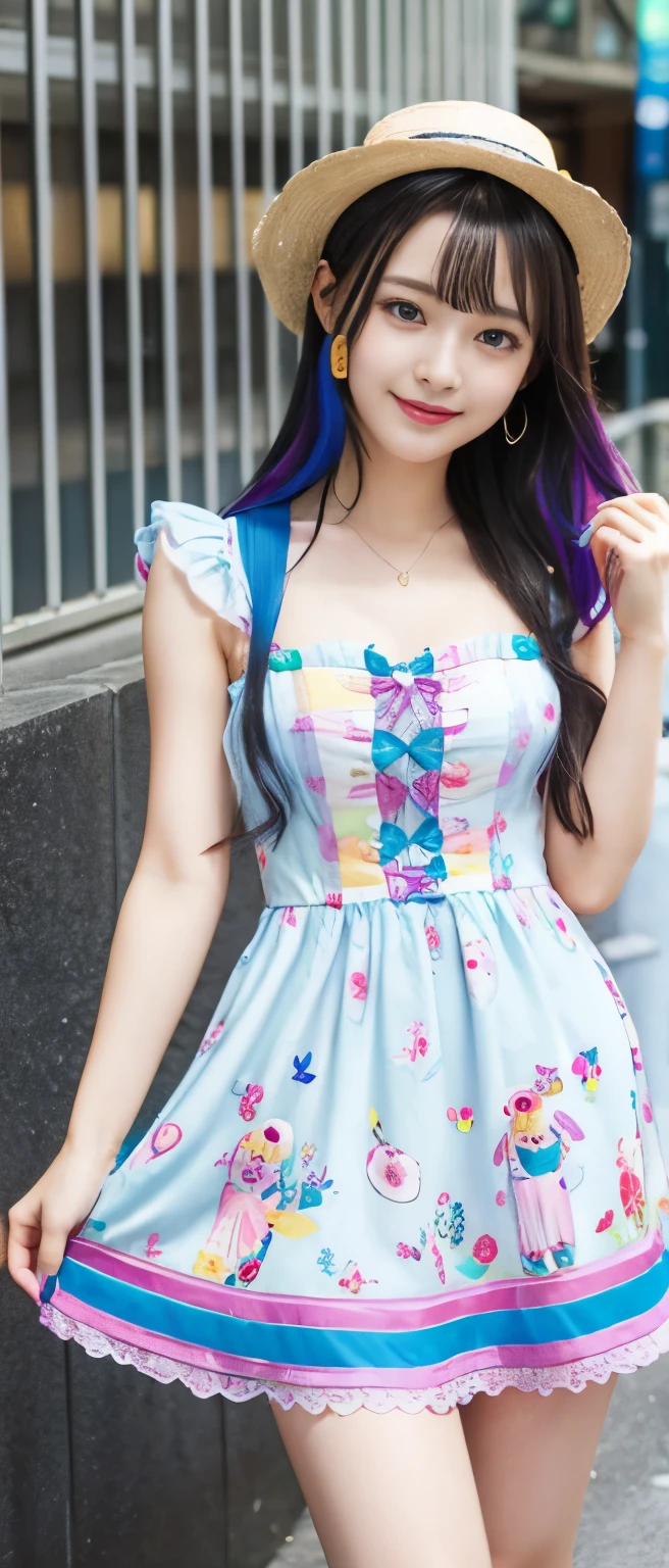 fairy tale idol、whole body、good style、、、、、colorful stitch mini dress、colorful hair、、