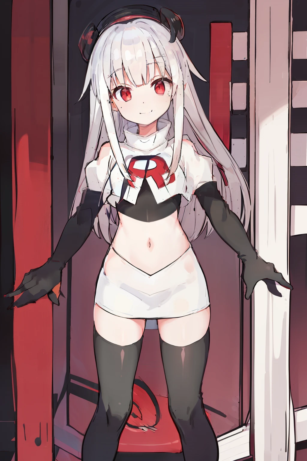 komori,masterpiece,best quality,white hair, red eyes,(black formal hat),(hairclip),(small mole under mouth),smile,highres,4k,team rocket,team rocket uniform,white skirt,red letter R,crop top,black thigh-highs,black elbow gloves