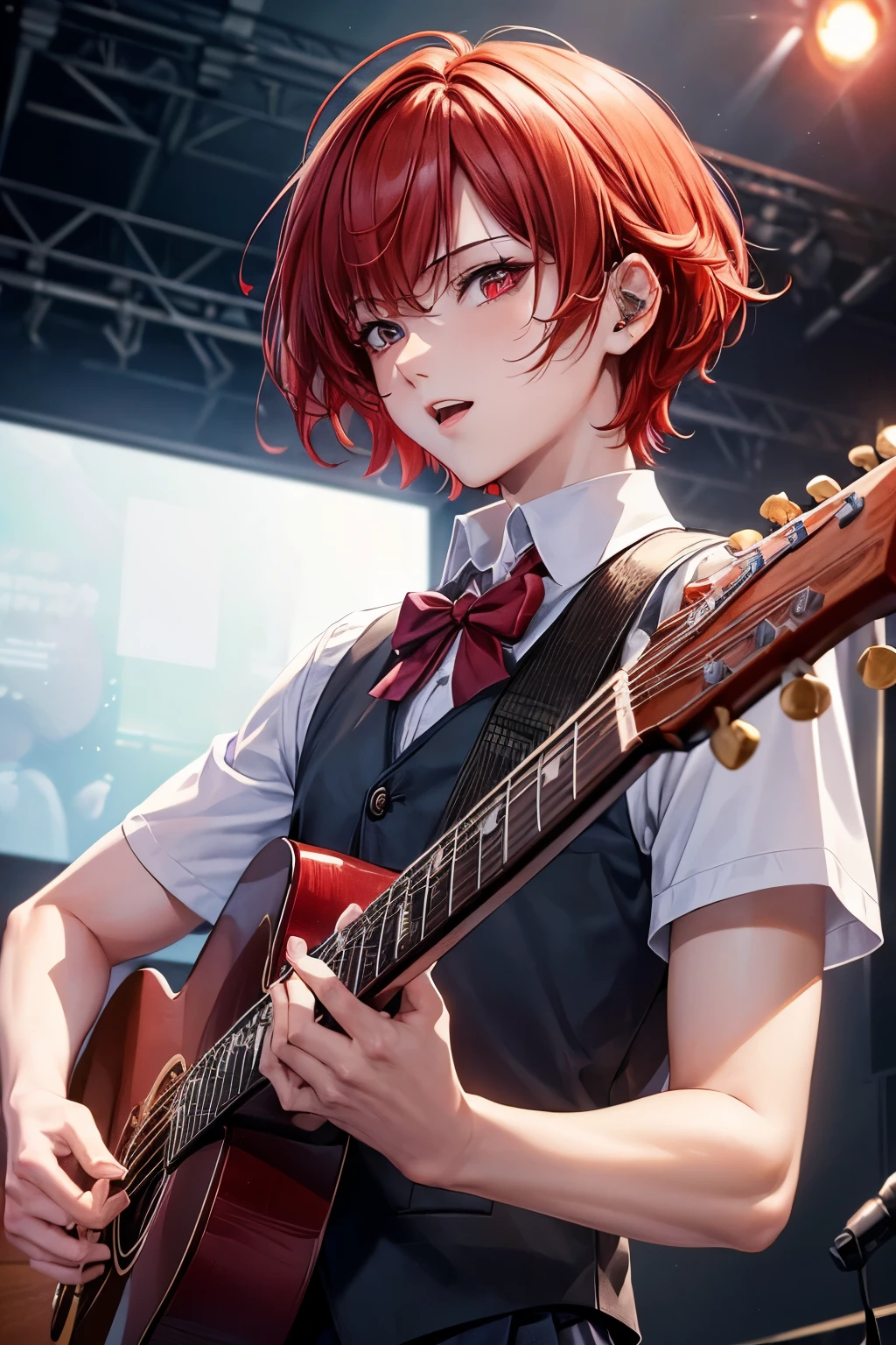 ((masterpiece:1.4, best quality)), ultra detailed, super detailed,1 man, short hair, red hair, red eyes, hd quality, wallpaper , singing, school uniform, blue skirt , holding mic, handsome man, looking at viewer, concert, enthusiastic, idol, long shot view, playing a guitar, ((perfect hands, five fingers)), singing when playing with guitar