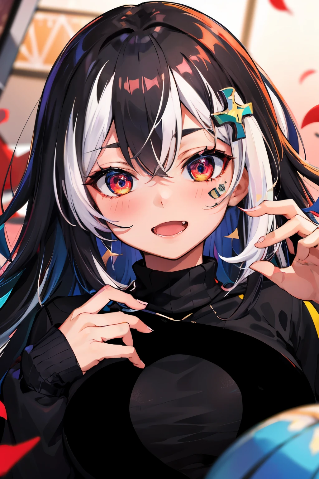 masterpiece, high quality, highres, absurdres, ultra-detailed, 8k, 1girl, platinum grey hair, blue hair, multicolored hair, gradient hair, looking at viewer, red glowing eyes, black turtleneck sweater, (school background:1.15), brilliant colorful paintings, bloom, portrait, cross hair ornament, open mouth, showing fang, (close-up:1.2), from above