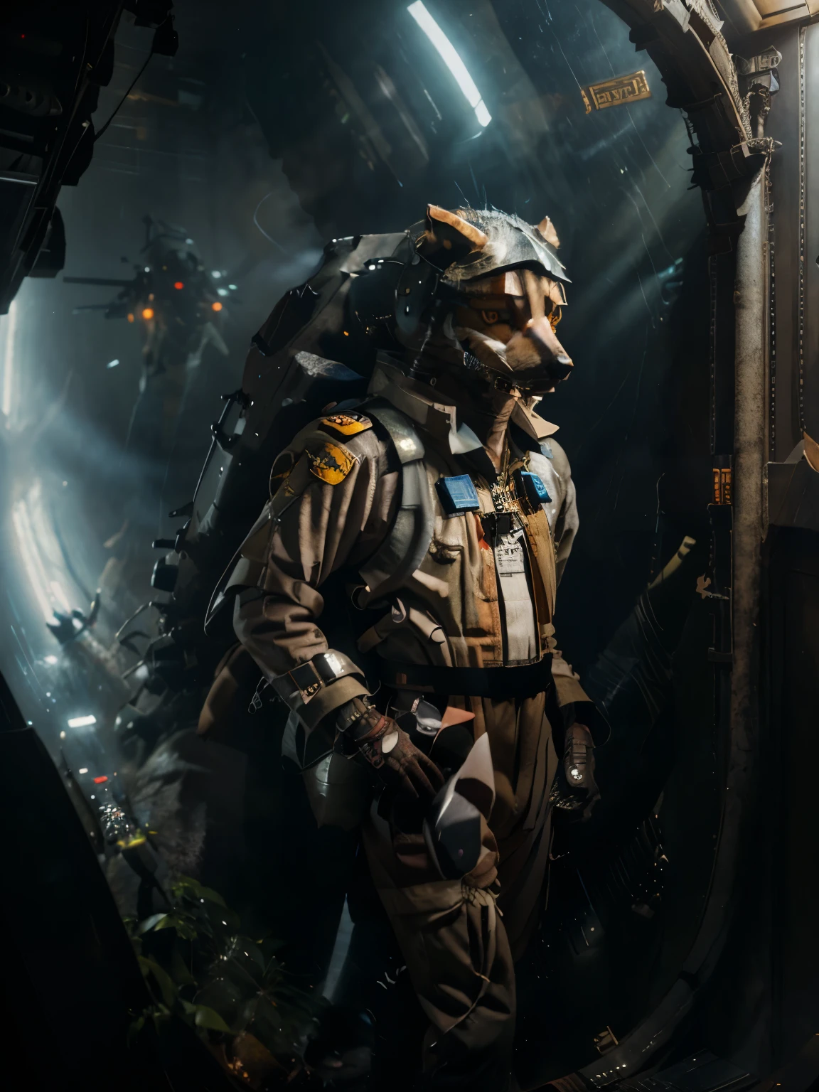 falco pilot, flight suit, (anthropomorphic wolf pilot in a flight suit), futuristic pilot standing next to a fighter in a flight suit, photo realistic, hyper realistic, star carrier, spaceship hangar, masterpiece