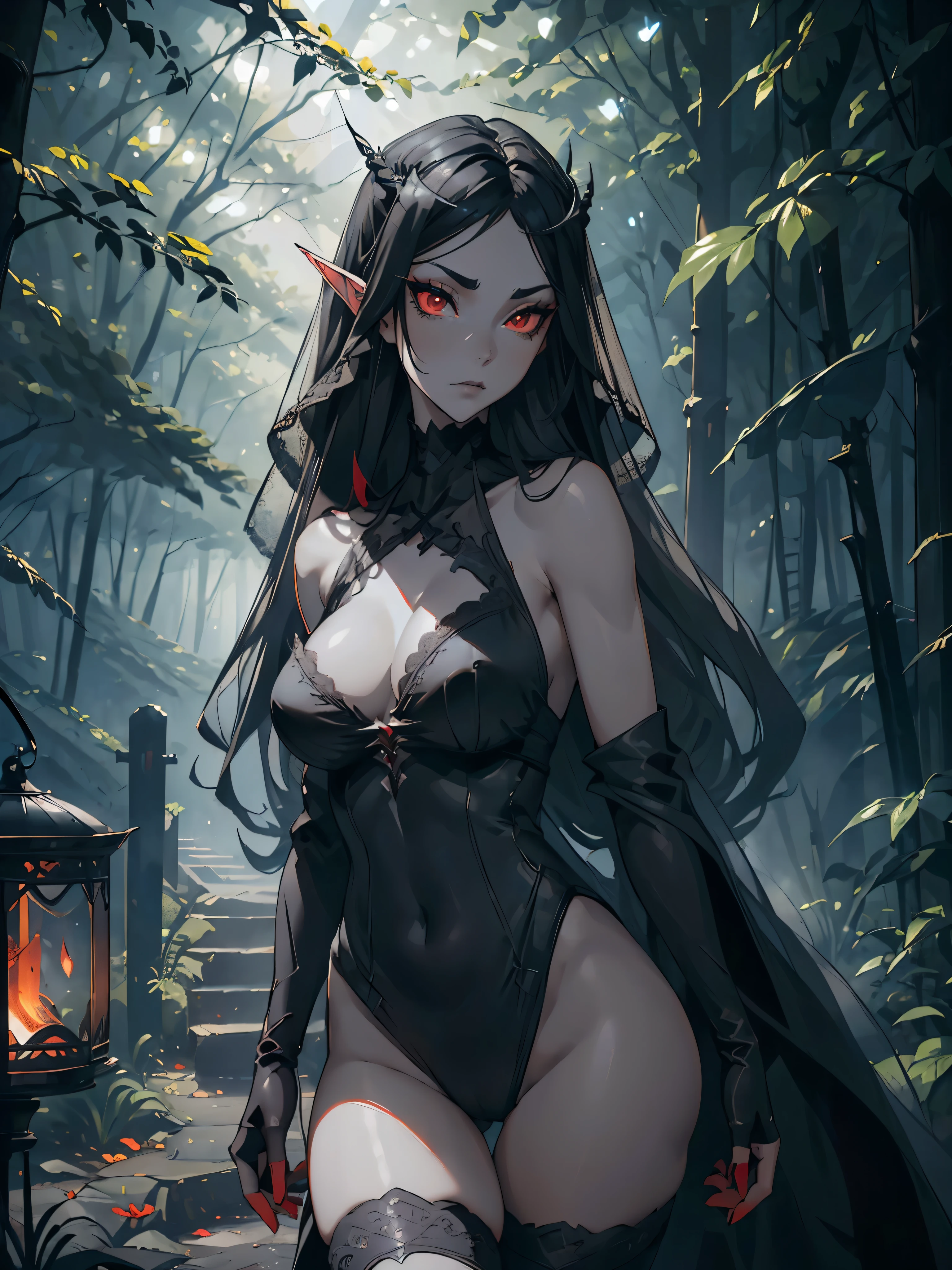 masterpiece, high quality, illustration, extremely detailed, 1_woman, ((upper body)), (exotic skin_complexion:1.4), pale grey skin, mature, statuesque, tall, beautiful, exotic, with long elf ears, (looking away from the viewer), stoic expression, serious face, (((black veil over face))), bare shoulders, wearing (diaphanous) robes, black choker, (thigh highs) with silver embroidery, (cameltoe), long fingerless leather gloves, tall black boots, medium breasts, black gothic dress, black hair, long hair, realistic and detailed face having (((red eyes)), glowing eyes, dark_eyeliner, long_eyelashes), natural dynamic lighting casts detailed shadows, rustic cottage, mist, fog, hiding in the shadows,