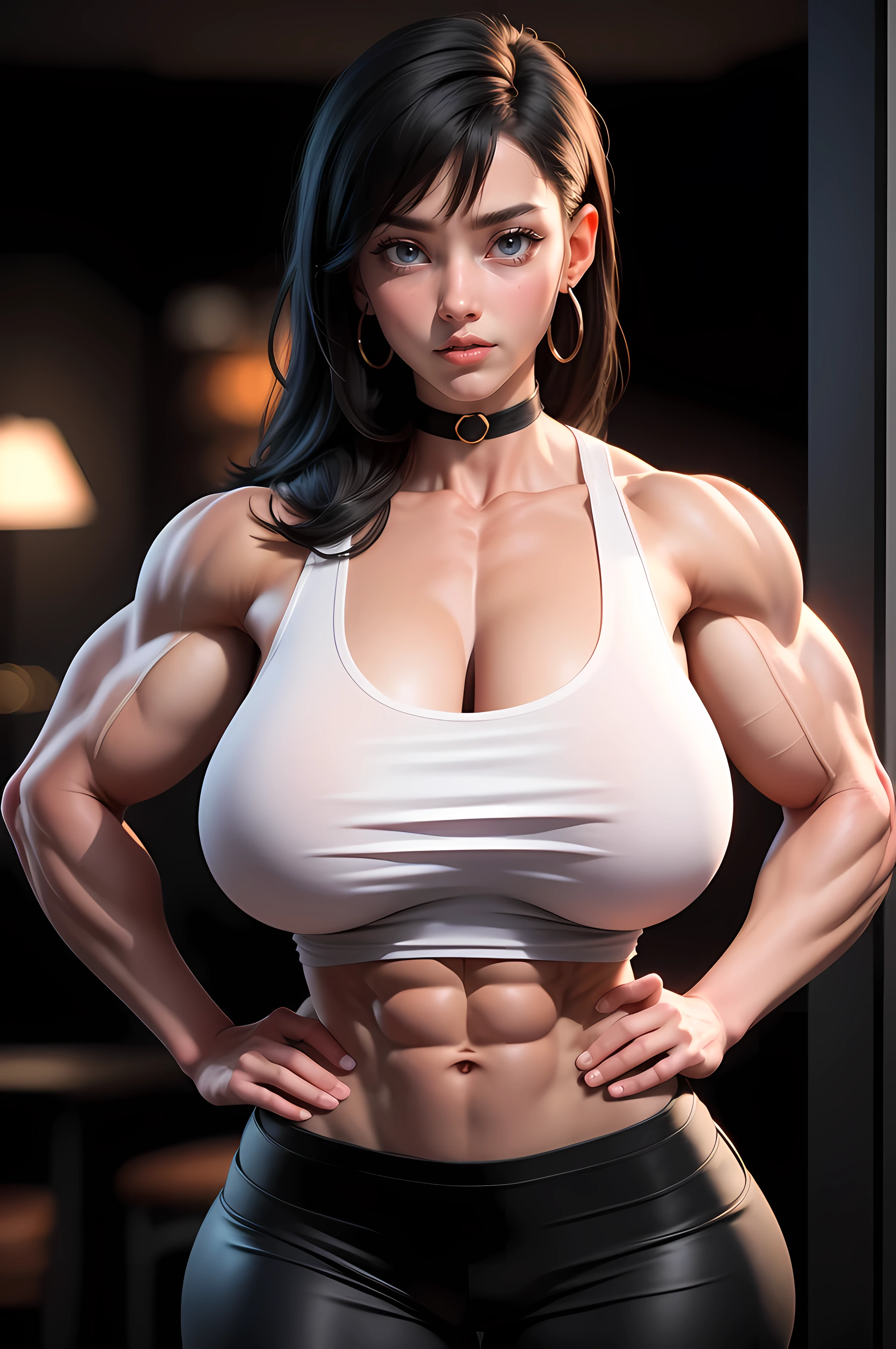 (((((Massive Female Bodybuilder))))), , , 
((((Muscular Quadriceps)))), , , 
((((Huge breasts)))), , , 
1, , masterpiece, best quality,3d rending work ,3DMM style,close-up, 3D,1girl, solo, black hair, teardropshaped earrings, realistic, upper body, urban city background, bangs, long straight black hair, parted lips, choker, makeup, (white tank top:1.3), red eyes, tifa lockhart, cleavage, exposed stomach, black miniskirt