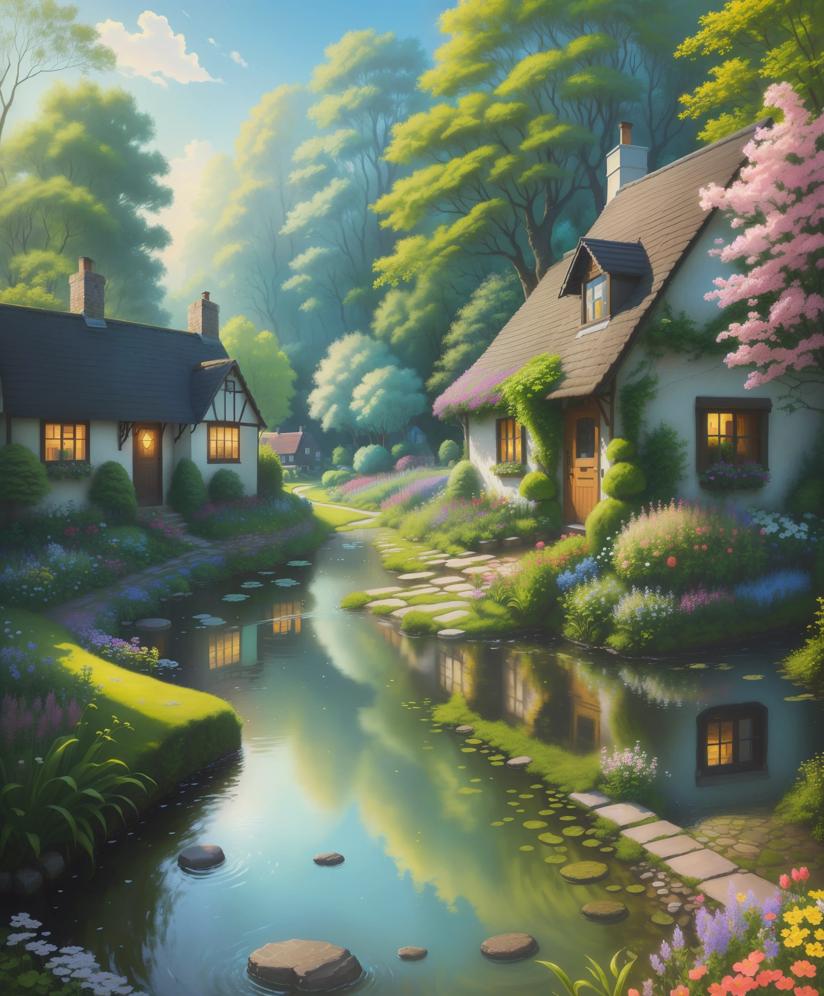 a painting of a house with a garden and a stream, flowery cottage, idyllic cottage, little cottage, colorful house, digital cartoon painting art, cottage, scenery art detailed, cottage close up, cottage town, house background, beatiful house, full of colors and rich detail, detailed painting 4 k, village house, detailed digital artwork, cottage in the forest