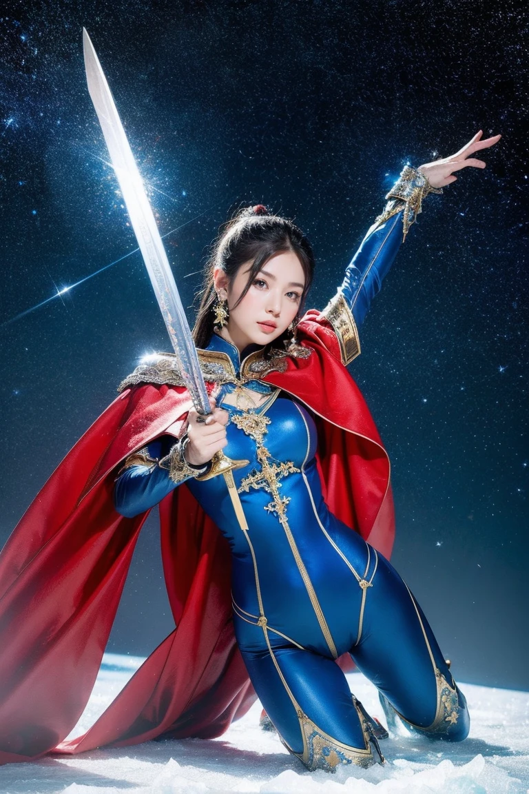 highest quality, masterpiece, realistic, High resolution, 8k RAW写真, 1 girl、long hair、goddess、has a decorated sword、Swing your sword up、((glamor body:1.3))、(Blue bodysuit with ice motif、gold edge、red cloak)、silver pendant、silver earrings、(((action pose)))、(On the ice of a planet where Mercury can be seen)、(Many ice crystals in the starry sky)