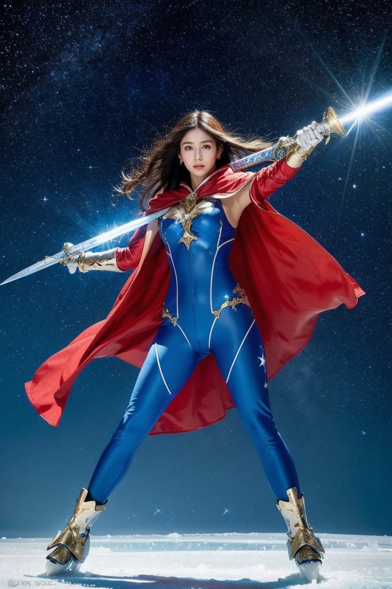 highest quality, masterpiece, realistic, High resolution, 8k RAW写真, 1 girl、long hair、goddess、has a decorated sword、Swing your sword up、((glamor body:1.3))、(Blue bodysuit with ice motif、gold edge、red cloak)、silver pendant、silver earrings、(((action pose)))、(On the ice of a planet where Mercury can be seen)、(Many ice crystals in the starry sky)