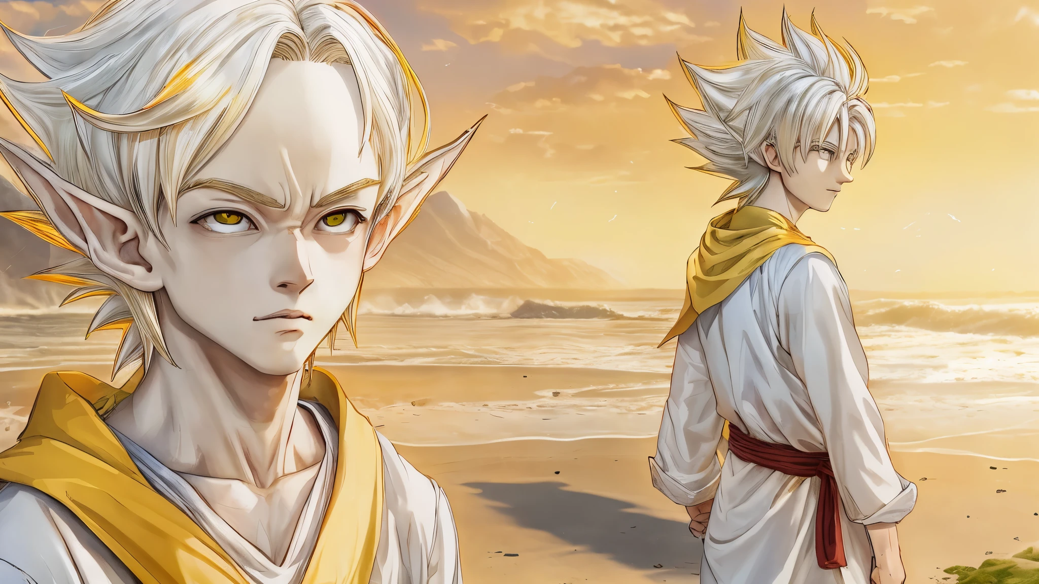(master piece), 8k, best quality, book illustration, panoramic view, , elf boy, childlike appearance, naive, male, teenager, 14 years old, white skin, thin body, pointed elf ears, beautiful finely detailed eyes silver color, high forehead, spiky yellow blonde hair like Gohan from the anime dragon ball (super sayajin), round face, highly detailed, sharp focus, conservative elven clothing, conservative posture, drifting, on the beach sand, wet