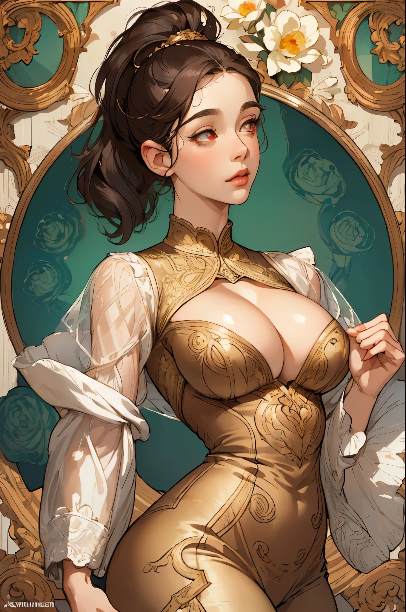 ((masterpiece)), (highest quality), (cinematic), Watercolor painting in the style of Joseph Christian Leyendecker, poster, Goddess of Dance , big breasts, Big eyes, long and thick eyelashes, cleavage, lip whole, chubby cheeks, dark red eyes, long and thick hair, high ponytail, accessories, flower_background, Features intricate designs and patterns in the style of Joseph Christian Leyendecker。