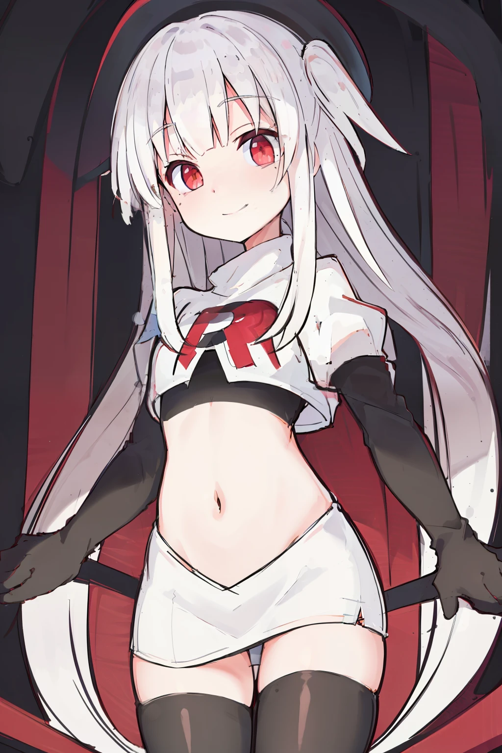 komori,masterpiece,best quality,white hair, red eyes,(black formal hat),(hairclip),(small mole under mouth),smile,highres,4k,team rocket,team rocket uniform,white skirt,red letter R,crop top,black thigh-highs,black elbow gloves