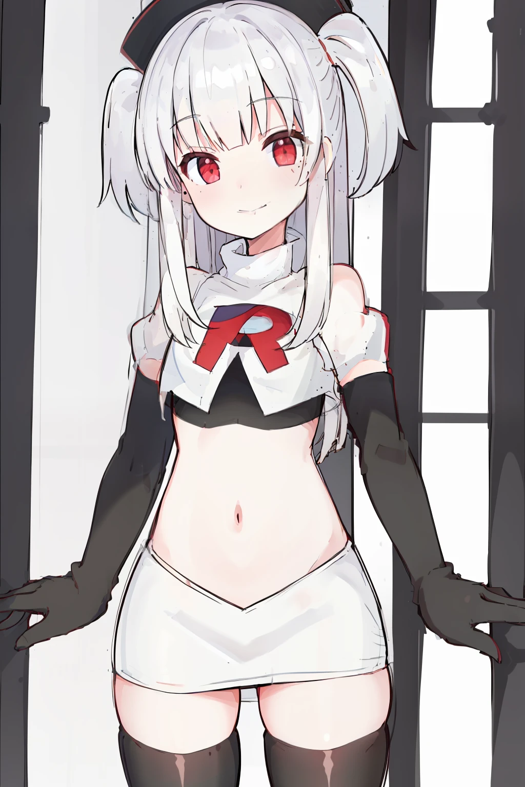komori,masterpiece,best quality,white hair, red eyes,(black formal hat),(hairclip),(small mole under mouth),smile,highres,4k,team rocket,team rocket uniform,white skirt,red letter R,crop top,black thigh-highs,black elbow gloves