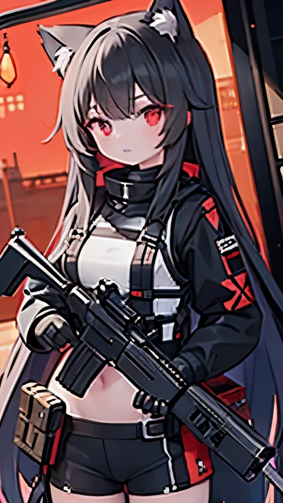 long black hair,Cat-eared girl,red eyes,Tactical bomb hanging,Light body armor