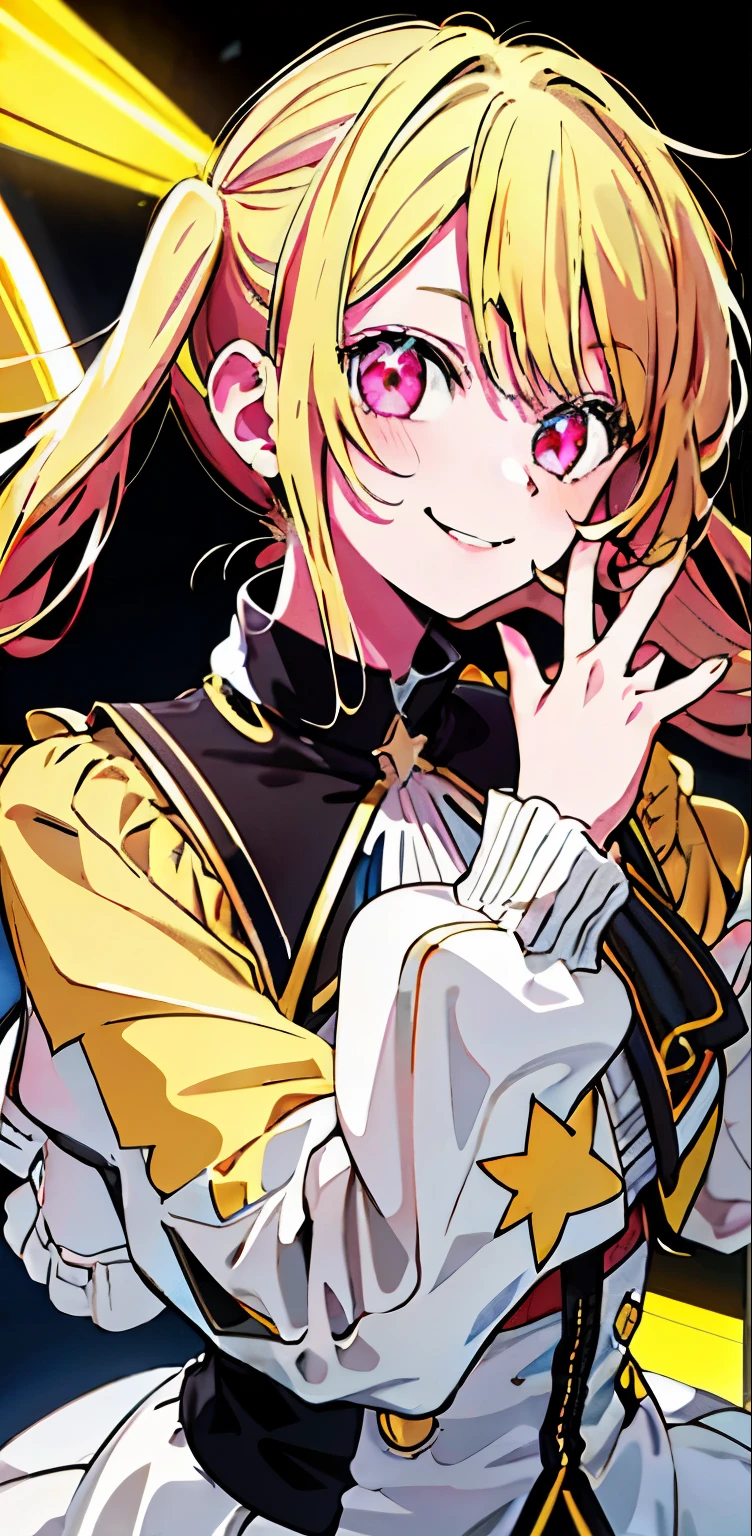 Original Character , 1girl, (mad smile:1.2) , blond hairbl , By bangad eyes , Place your hands on your face , Yellow and black color scheme, with her mouth open, (largeeyes:1.2), glowing light eyes, Left star-shaped eye, Star-shaped eyes, Pink eyes