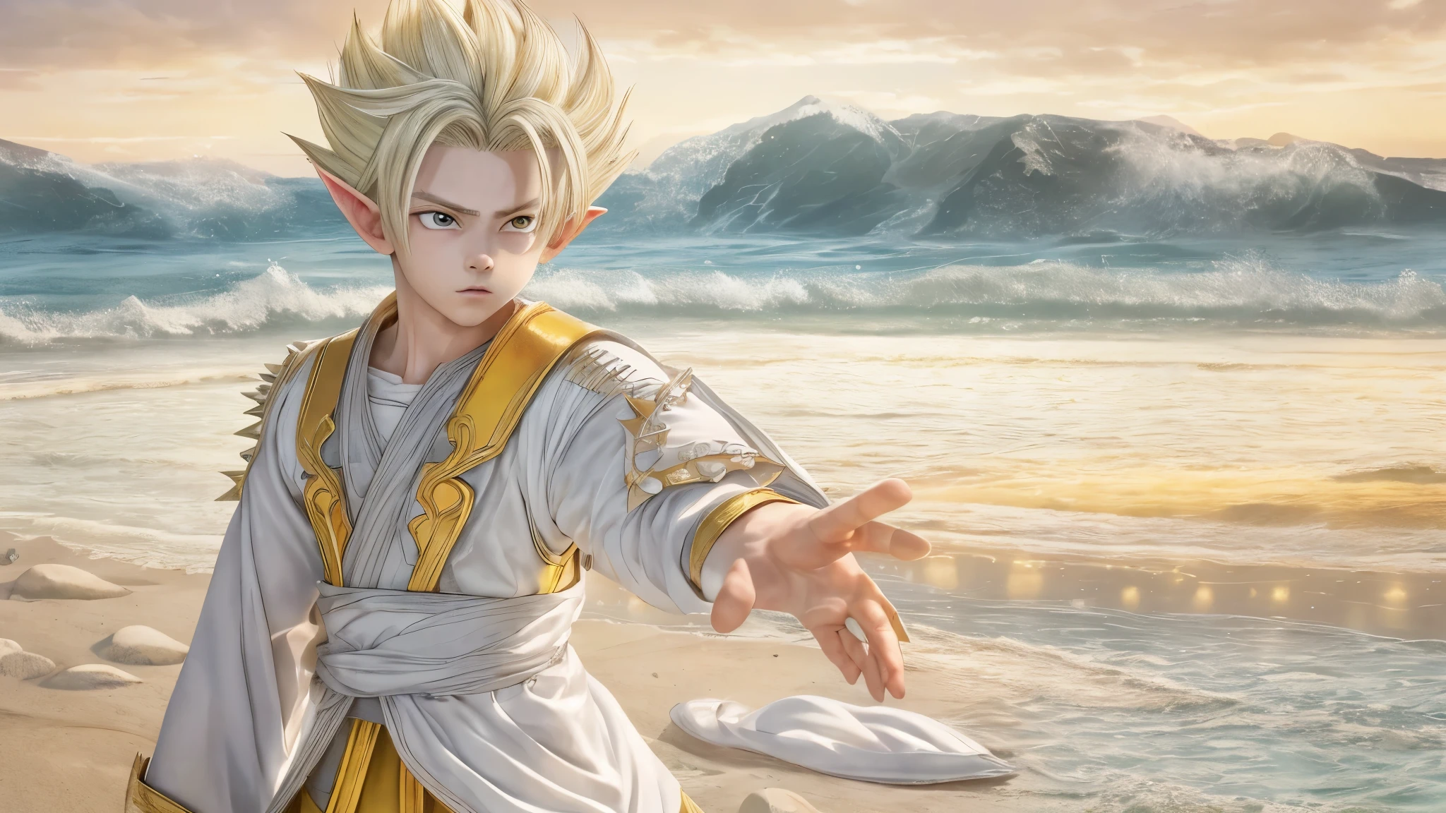 (master piece), 8k, best quality, book illustration, panoramic view, , elf boy, childlike appearance, naive, male, teenager, 14 years old, white skin, thin body, pointed elf ears, beautiful finely detailed eyes silver color, high forehead, spiky yellow blonde hair like Gohan from the anime dragon ball (super sayajin), round face, highly detailed, sharp focus, conservative elven clothing, conservative posture, drifting, on the beach sand, wet