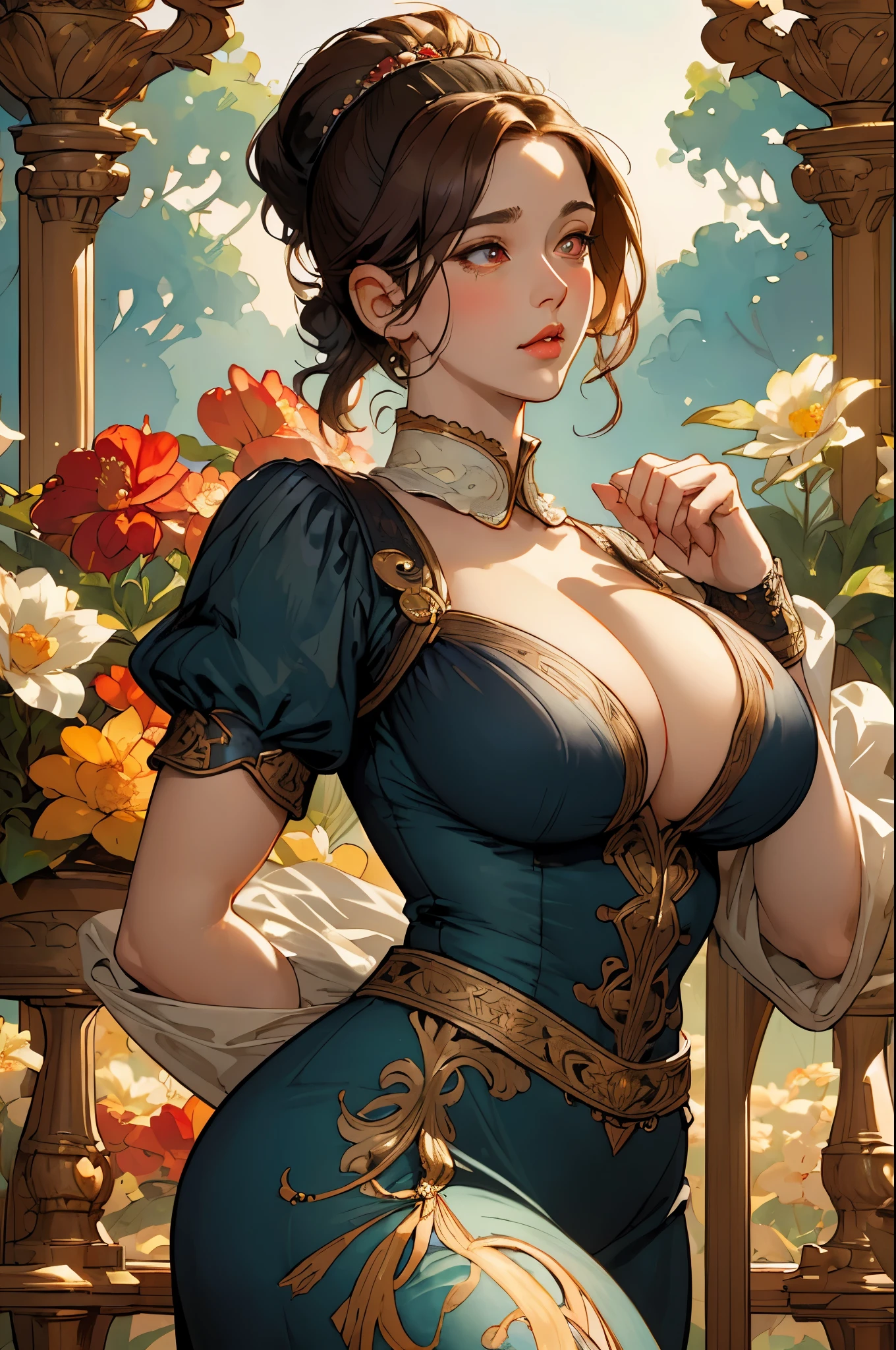 ((masterpiece)), (highest quality), (cinematic), Watercolor painting in the style of Joseph Christian Leyendecker, poster, Goddess of Dance , big breasts, Big eyes, long and thick eyelashes, cleavage, lip whole, chubby cheeks, dark red eyes, short and thick hair, high ponytail, accessories, flower_background, Features intricate designs and patterns in the style of Joseph Christian Leyendecker。
