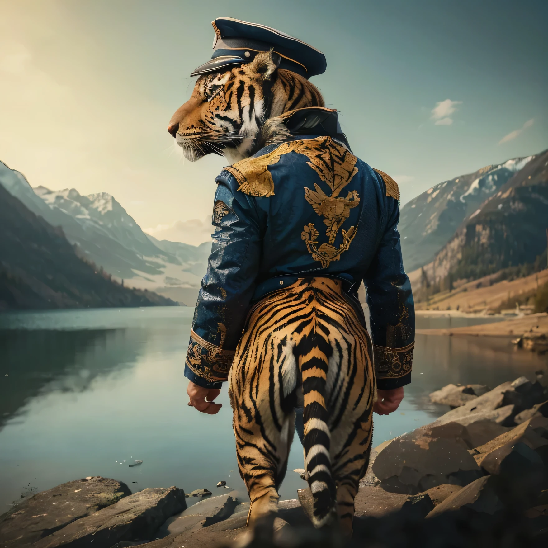 a majestic muscled tiger standing two legs on the shores of lake, wearing ship captains coat and cap, view from back , long shot, 4k, realistic