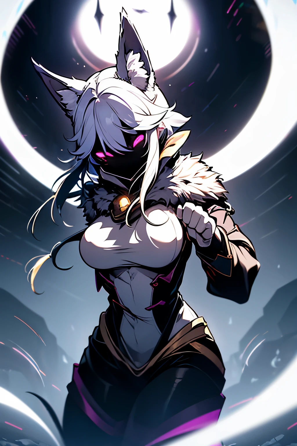 White hair, ethereal aura, serenity, wielded bow, light garments, spectral wolf, fierce nature, visual duality, soul hunters, smooth transition, agile posture, intense expression, light tones, dark tones, black facial mask.