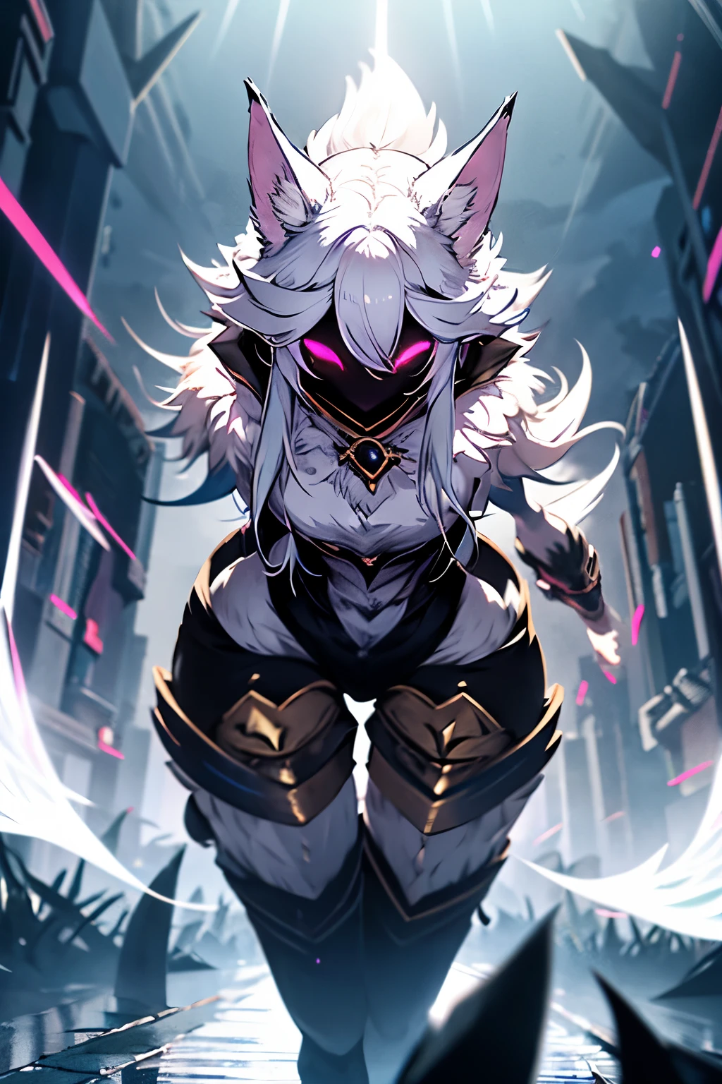 White hair, ethereal aura, serenity, wielded bow, light garments, spectral wolf, fierce nature, visual duality, soul hunters, smooth transition, agile posture, intense expression, light tones, dark tones, black facial mask.