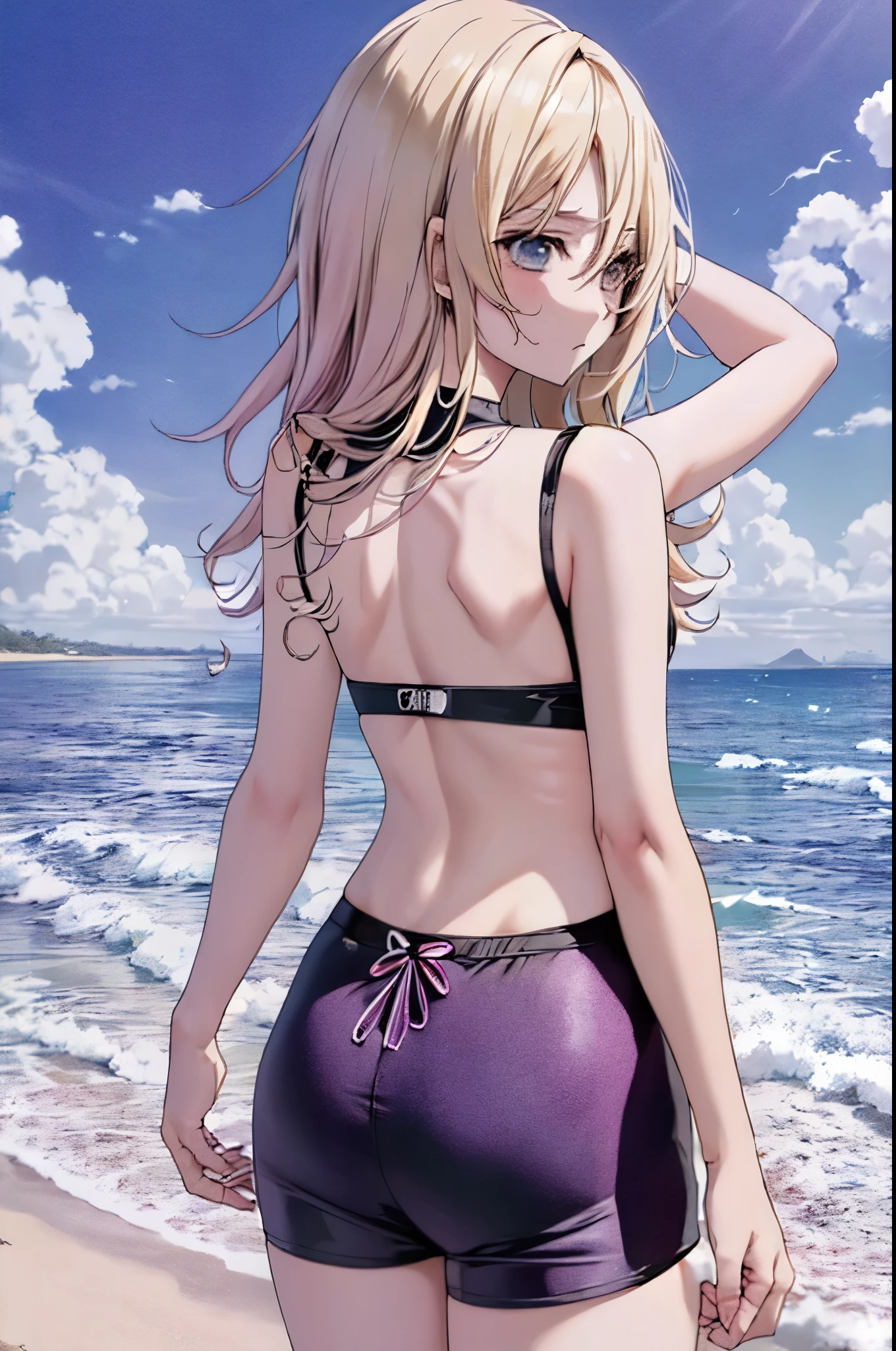 anime in black swimsuit standing on beach with ocean in background, seductive Menina, attractive Menina animetiful Menina anime, beaumulher anime, Menina anime, arte cg de suave, pretty anime, ( anime), melhor garota de anime, digital anime art, blonde anime with long hair, beautiful alluring mulher anime, an anime, mulher anime, back view, costas nuas, costas ultra detalhada, roupas esportivas, top esportivo, short esportivo