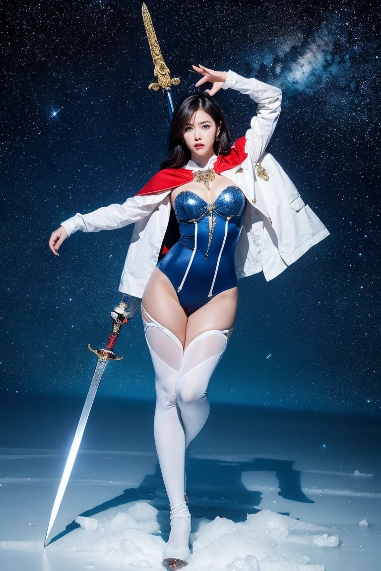 highest quality, masterpiece, realistic, High resolution, 8k RAW写真, 1 girl、long hair、goddess、has a decorated sword、Swing your sword up、((glamor body:1.3))、(Light blue bodysuit with ice motif、gold edge、red cloak)、silver pendant、silver earrings、(((action pose)))、(On the ice of a planet where you can see the starany ice crystals in the starry sky）