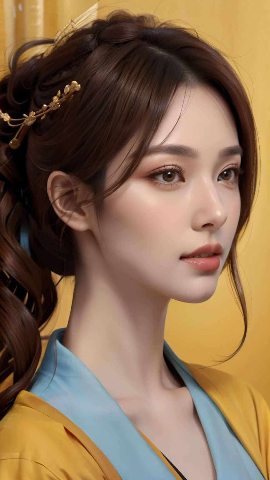 (masterpiece), (8k, lifelike, original photo, best quality), (1 girl), pretty face, (lifelike的脸), (brown hair, Long curly hair), Beautiful ponytail hairstyle, lifelike的眼睛, red headdress,red eyes,big ,beautiful details eyes, (lifelike的皮肤), Beautiful skin, (Hanfu), absurd, attractive, Ultra HD, Surreal, HD, golden ratio,