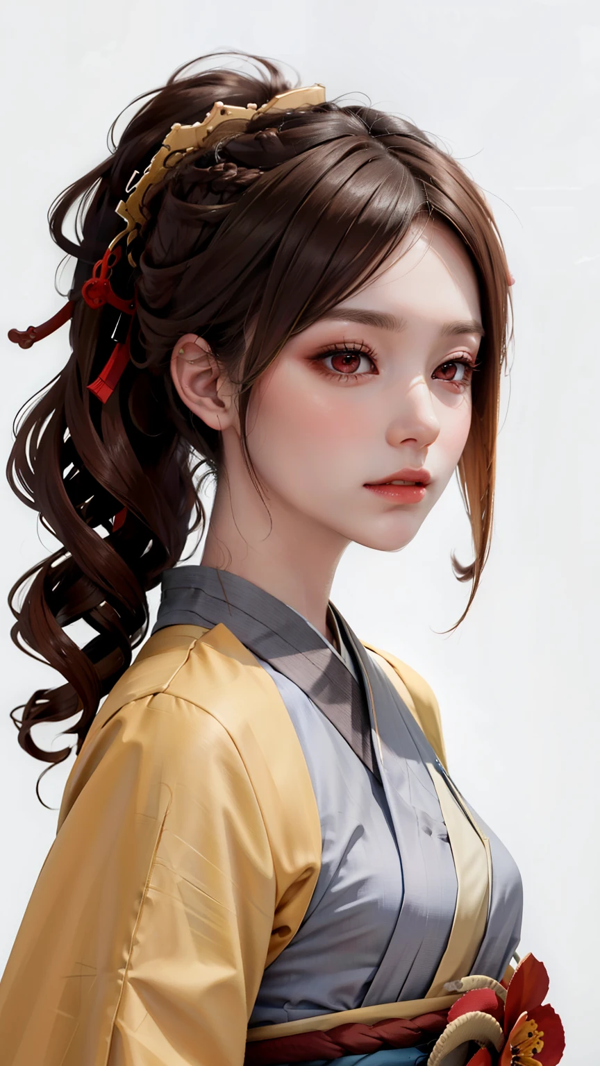 masterpiece), (8k, lifelike, original photo, best quality), (1 girl), pretty face, (lifelike的脸), (brown hair, Long curly hair), Beautiful ponytail hairstyle, lifelike的眼睛, red headdress,red eyes,big ,beautiful details eyes, (lifelike的皮肤), Beautiful skin, (Hanfu), absurd, attractive, Ultra HD, Surreal, HD, golden ratio,