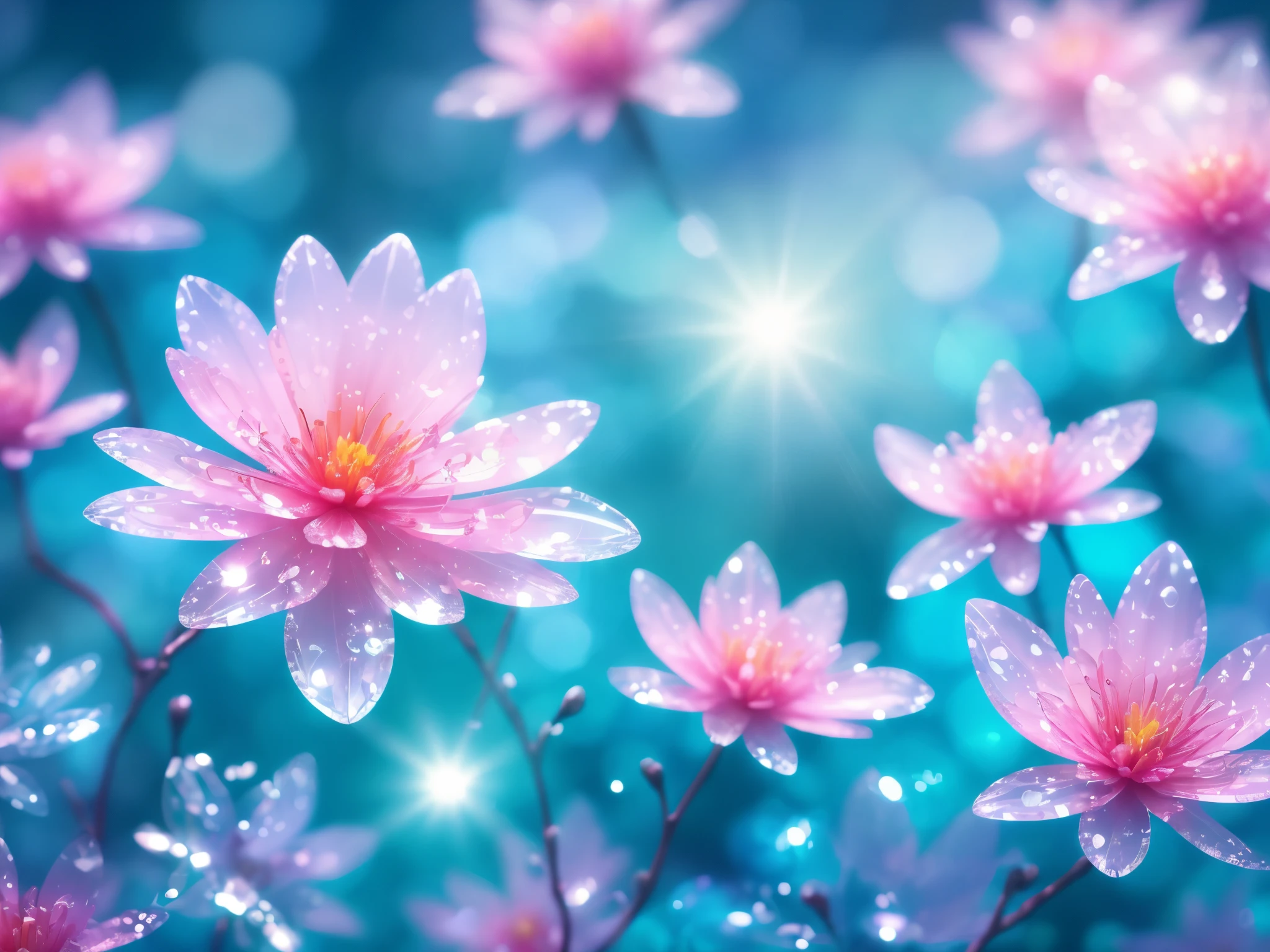 Crystal spring flower,Pink white gradient,water drop,Fantastical, galaxies, Transparent,, Pink white gradient,water drop,Light blue leaves,Sparkle, Sparkle, brilliance, Water,colorful,, Magical photography of light blue leaves, dramatic illumination, Photo realism, Ultra detailed, 4k, depthoffield, high resolusion