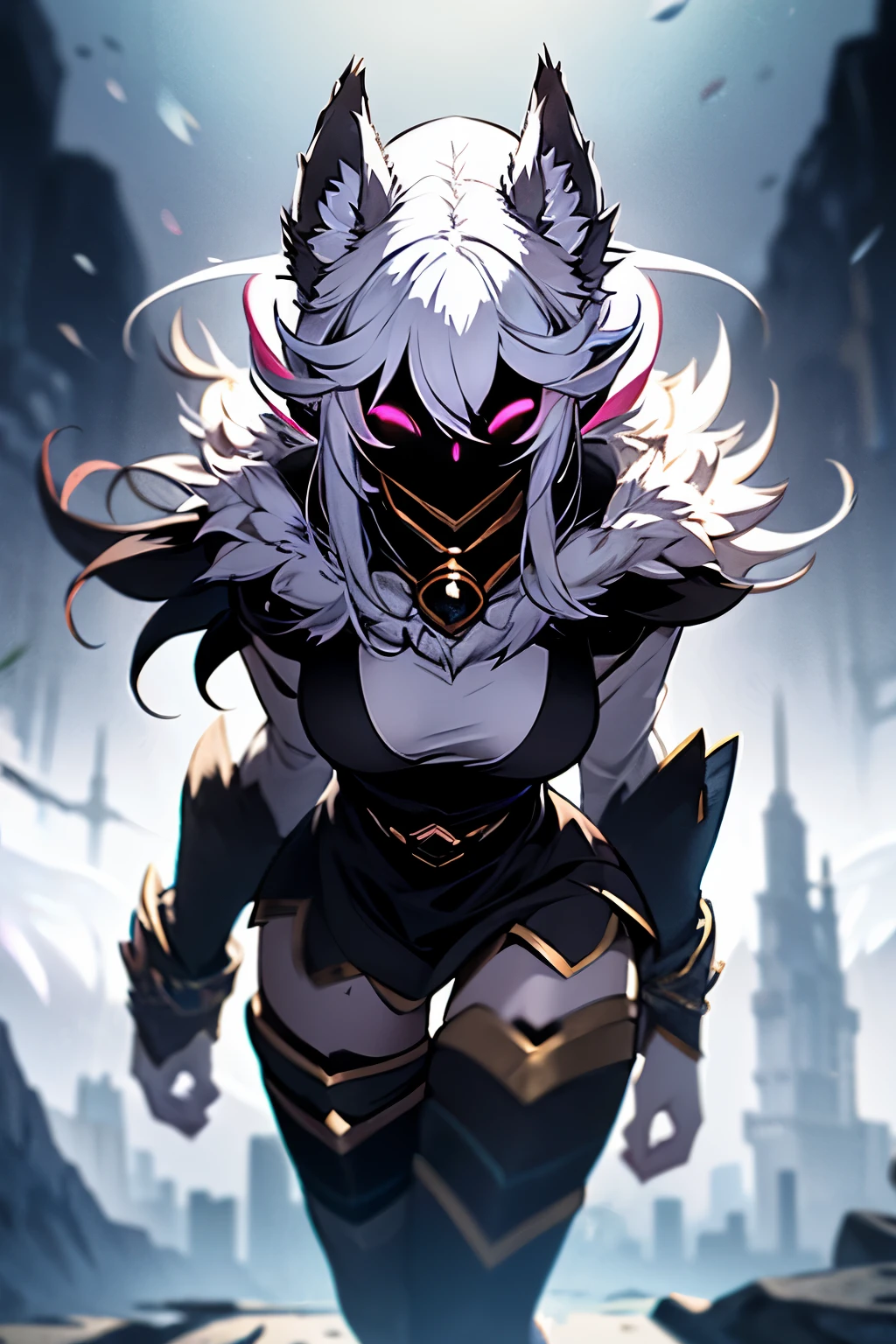 White hair, ethereal aura, serenity, wielded bow, light garments, spectral wolf, fierce nature, visual duality, soul hunters, smooth transition, agile posture, intense expression, light tones, dark tones, black facial mask.