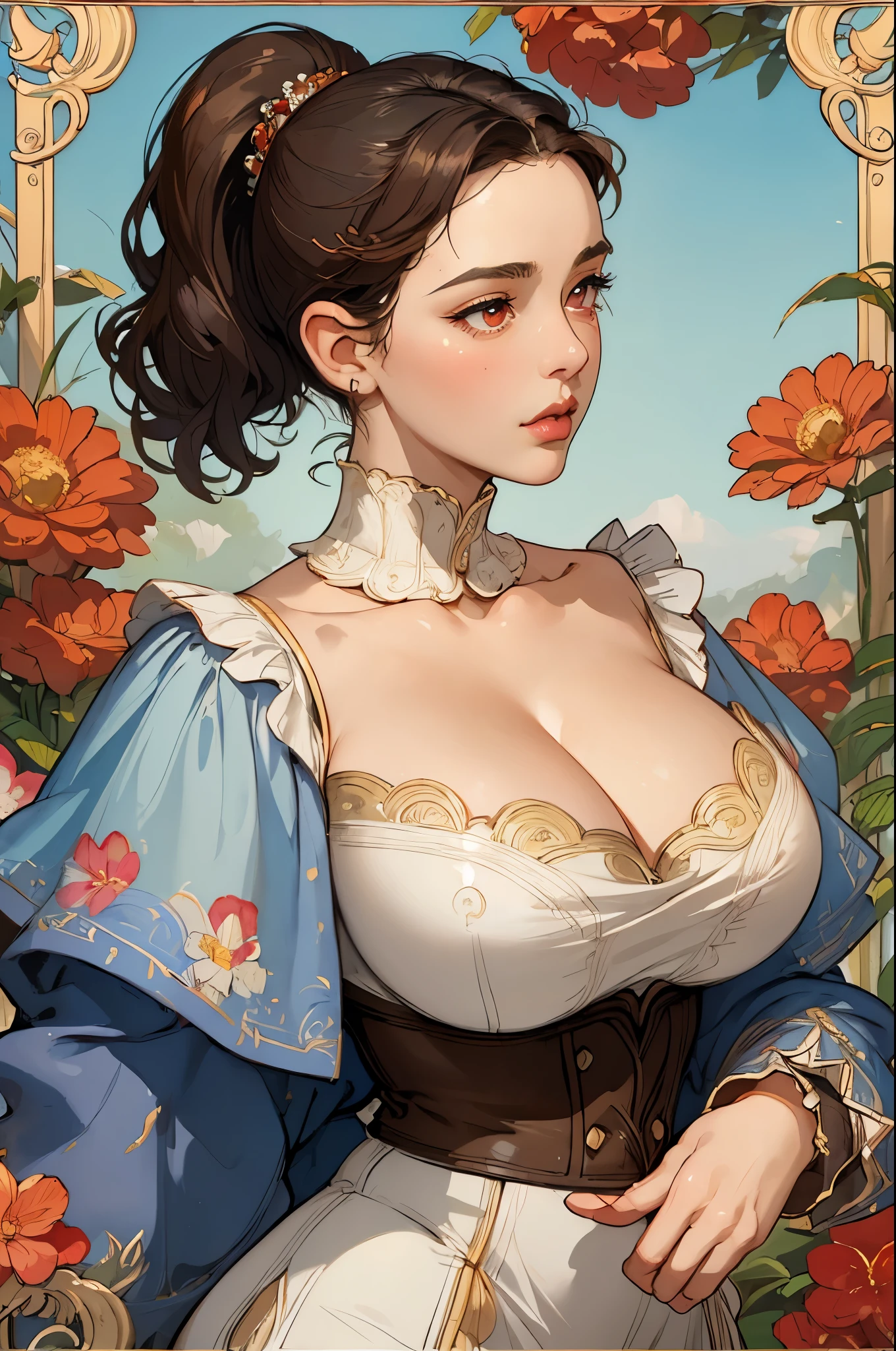 ((masterpiece)), (highest quality), (cinematic), Watercolor painting in the style of Joseph Christian Leyendecker, poster, Goddess of Dance , big breasts, Big eyes, long and thick eyelashes, cleavage, lip whole, chubby cheeks, dark red eyes, short hair, high ponytail, accessories, flower_background, Features intricate designs and patterns in the style of Joseph Christian Leyendecker。