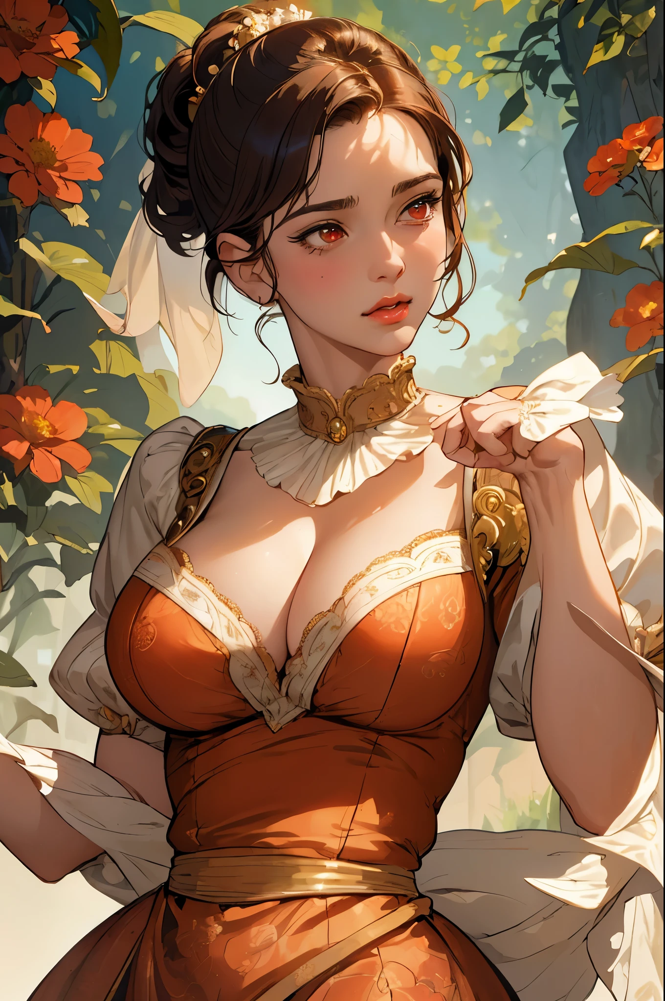 ((masterpiece)), (highest quality), (cinematic), Watercolor painting in the style of Joseph Christian Leyendecker, poster, Goddess of Dance , big breasts, Big eyes, long and thick eyelashes, cleavage, lip whole, chubby cheeks, dark red eyes, short hair, high ponytail, accessories, flower_background, Features intricate designs and patterns in the style of Joseph Christian Leyendecker。