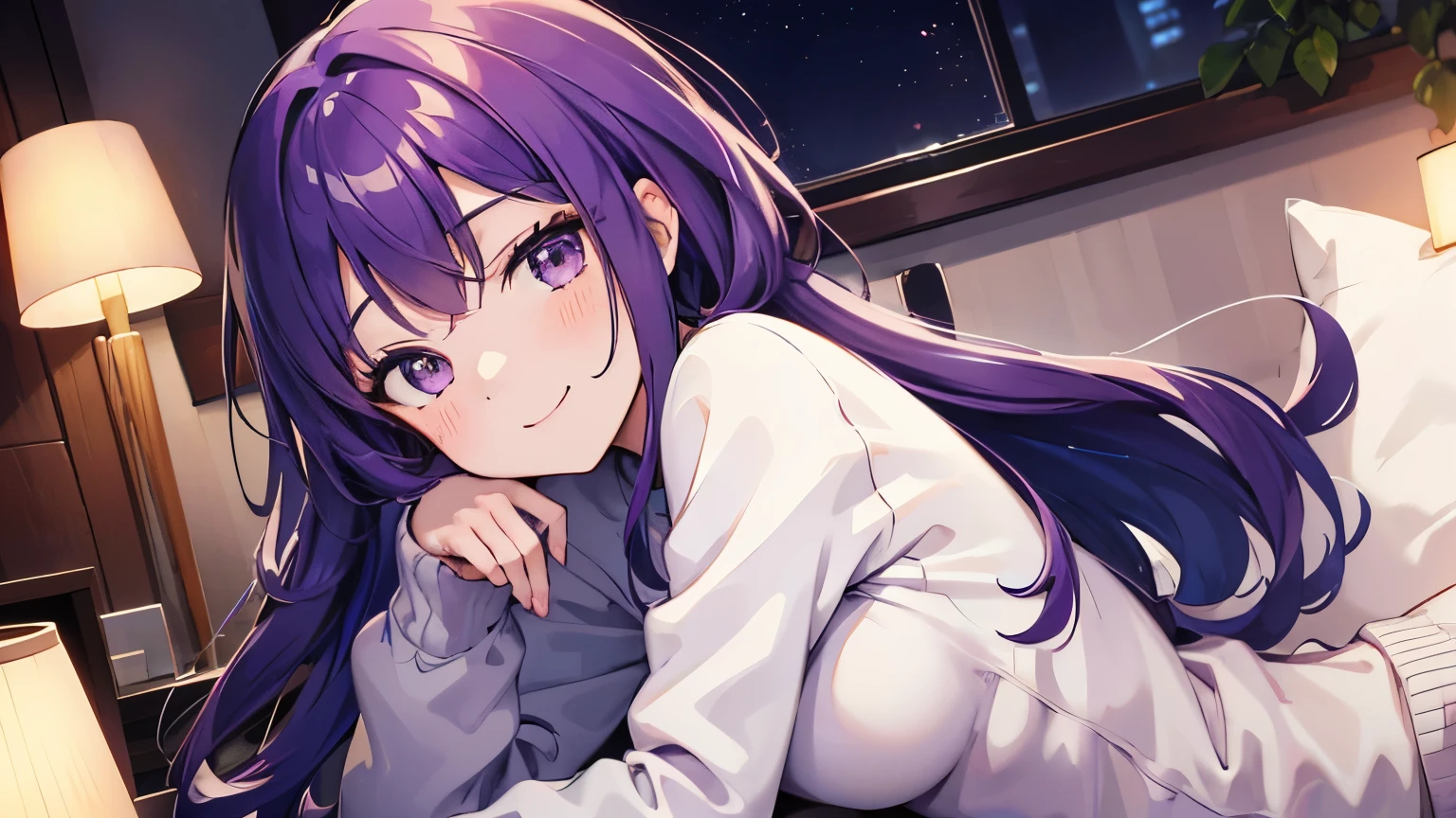 (T Masterpiece，4k wallpaper，best quality))、((girl１people))、(solo)、Shining and vivid，(purple hair)、(shortcut:1.3)、smile、Bedroom、sweater、night