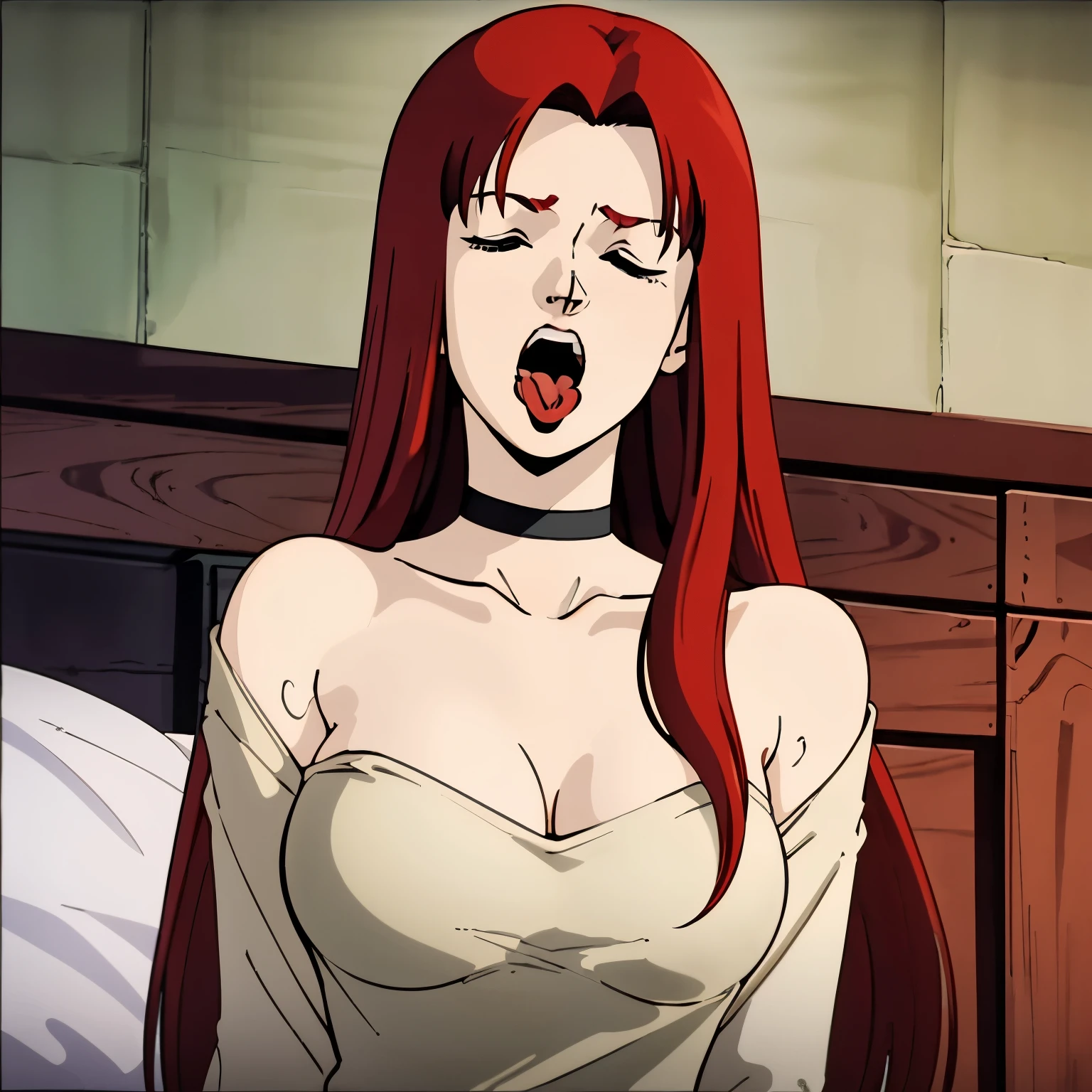 masterpiece,high quality,solo,nsfw, christinamackenzie,1girl, bedroom, naked body,choker,big breasts,scream,tongue,tongue extended,tongue longer,cum in mouth,closed eyes,pale skin, long hair,parted bangs,red hair,green eyes, 