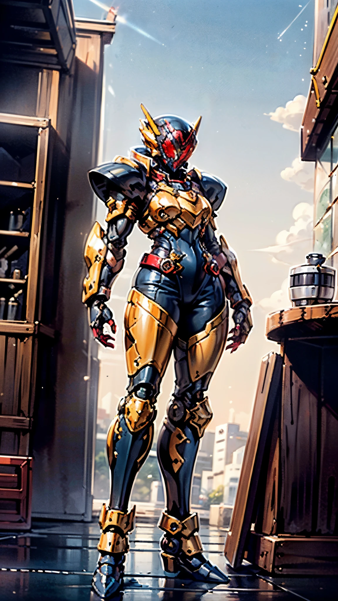 A woman adorned in fantasy-style full-body armor, a crown-concept fully enclosed helmet that unveils only her eyes, a composite layered chest plate, fully encompassing shoulder and hand guards, a lightweight waist armor, form-fitting shin guards, the overall design is heavy-duty yet flexible, ((the armor gleams with a golden glow, complemented by red and blue accents)), exhibiting a noble aura, she floats above a fantasy-surreal high-tech city, this character embodies a finely crafted fantasy-surreal style armored hero in anime style, exquisite and mature manga art style, (Queen bee mixed with Spider concept Armor, plasma, blood), ((Element, energy, elegant, goddess, femminine:1.5)), metallic, high definition, best quality, highres, ultra-detailed, ultra-fine painting, extremely delicate, professional, anatomically correct, symmetrical face, extremely detailed eyes and face, high quality eyes, creativity, RAW photo, UHD, 32k, Natural light, cinematic lighting, masterpiece-anatomy-perfect, masterpiece:1.5