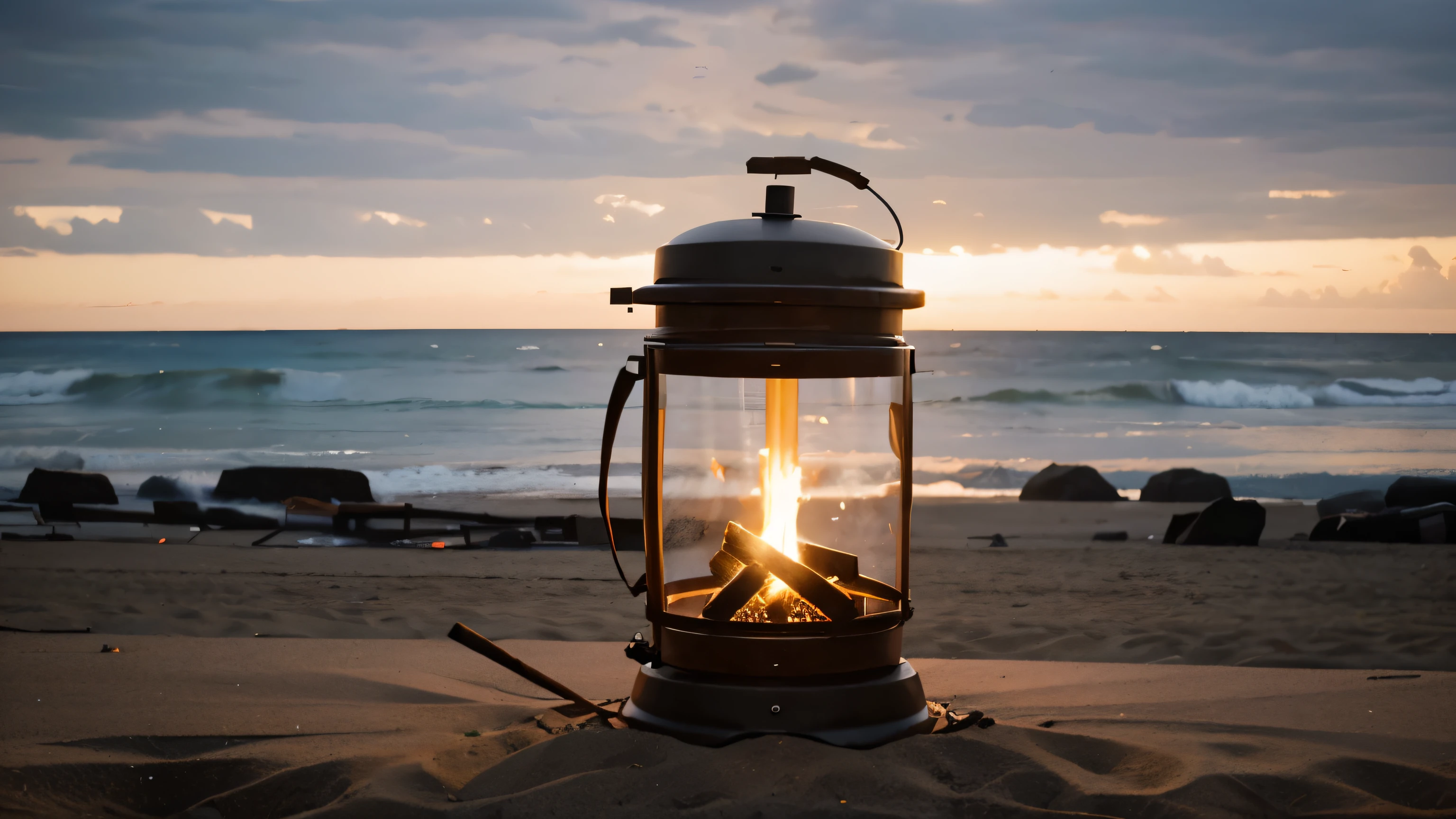 Beach bonfires radiate a warm glow.