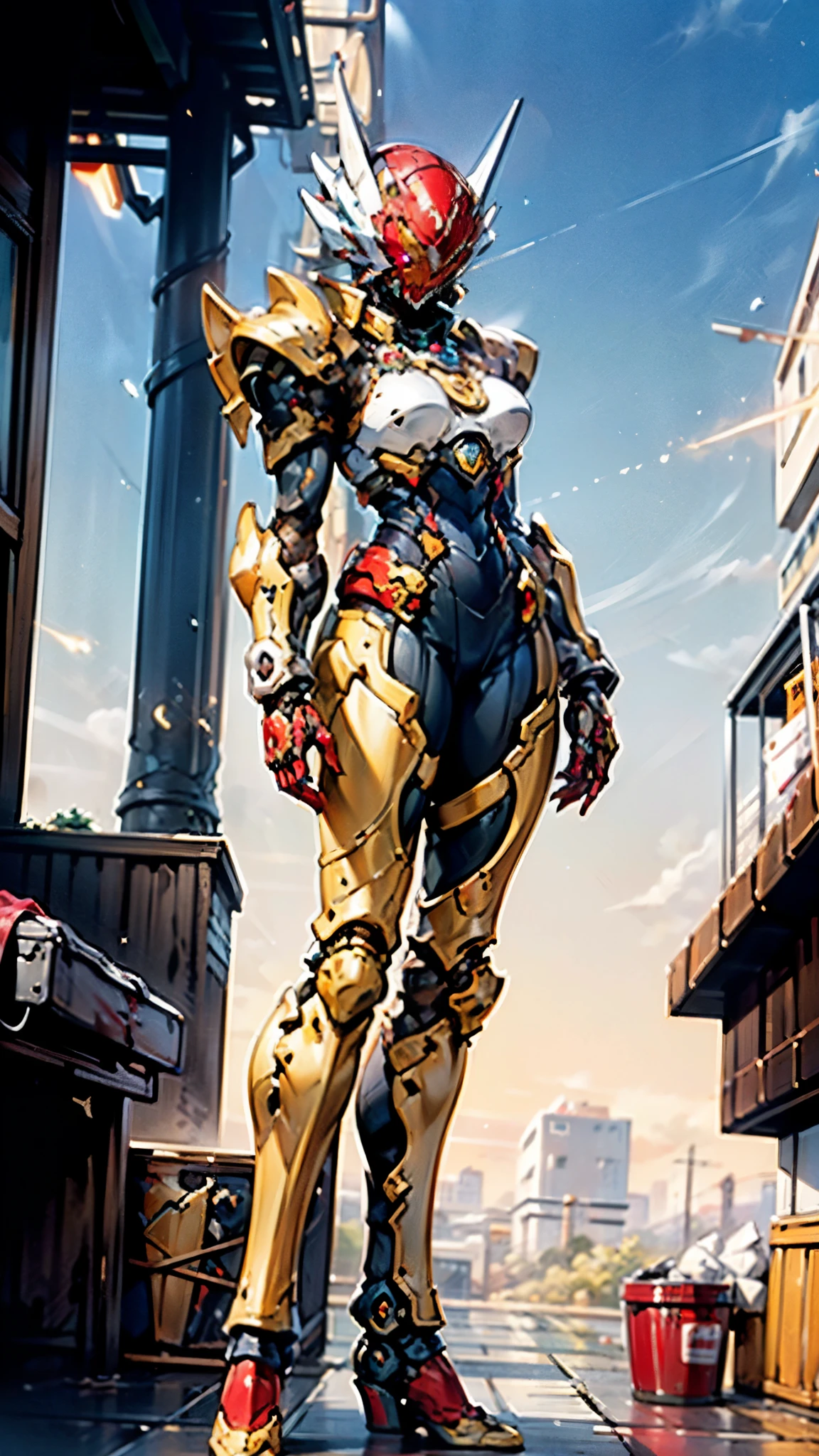 A woman adorned in fantasy-style full-body armor, a crown-concept fully enclosed helmet that unveils only her eyes, a composite layered chest plate, fully encompassing shoulder and hand guards, a lightweight waist armor, form-fitting shin guards, the overall design is heavy-duty yet flexible, ((the armor gleams with a golden glow, complemented by red and blue accents)), exhibiting a noble aura, she floats above a fantasy-surreal high-tech city, this character embodies a finely crafted fantasy-surreal style armored hero in anime style, exquisite and mature manga art style, (Queen bee mixed with Spider concept Armor, plasma, blood), ((Element, energy, elegant, goddess, femminine:1.5)), metallic, high definition, best quality, highres, ultra-detailed, ultra-fine painting, extremely delicate, professional, anatomically correct, symmetrical face, extremely detailed eyes and face, high quality eyes, creativity, RAW photo, UHD, 32k, Natural light, cinematic lighting, masterpiece-anatomy-perfect, masterpiece:1.5