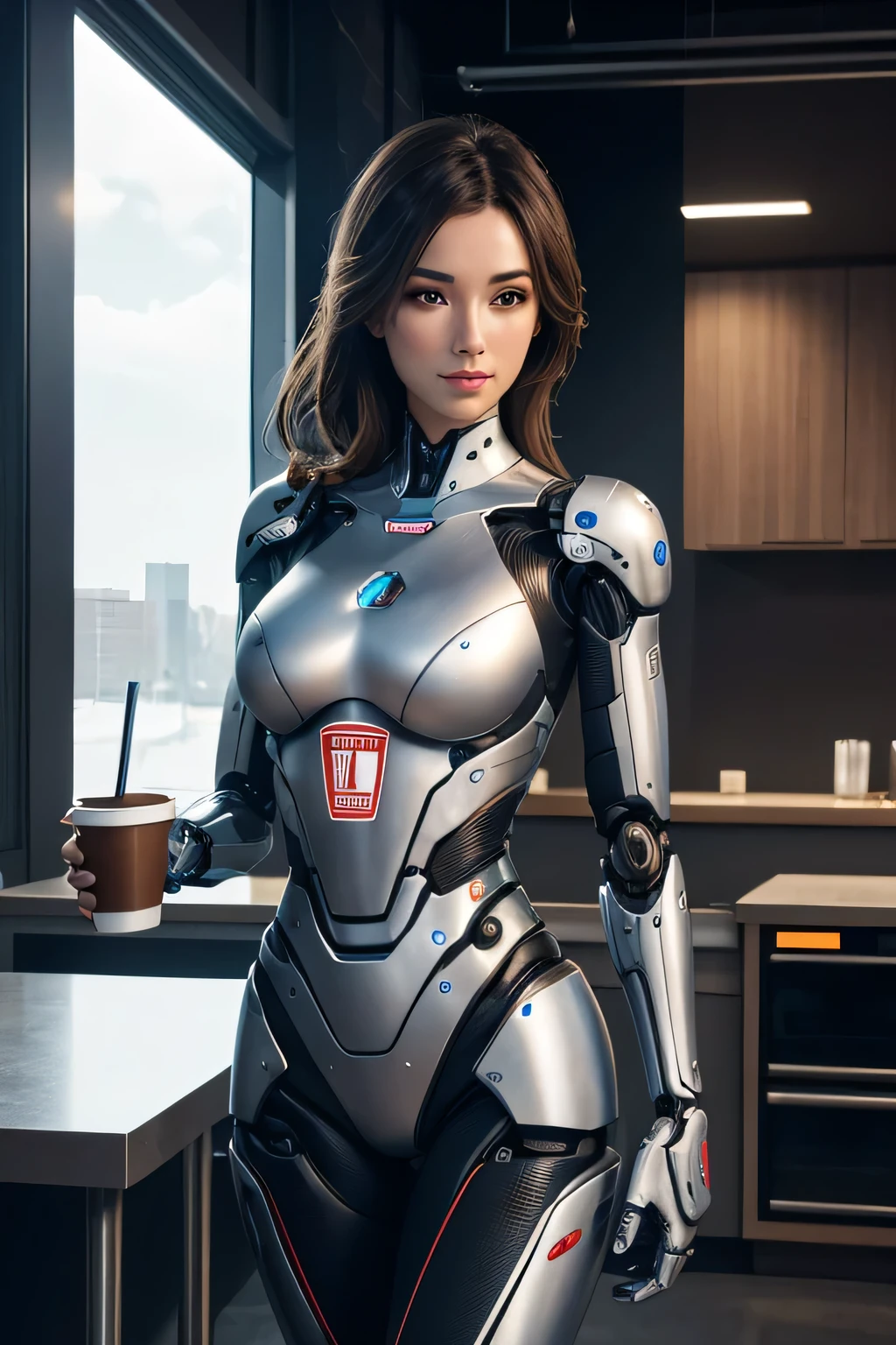 Female robot drinking coffee in the break room The whole body is made of a machine relieved expression, Hmm, retina, masterpiece, Accurate, anatomically correct, rough skin, Super detailed, advanced details, high quality, Awards, 最high quality, High resolution