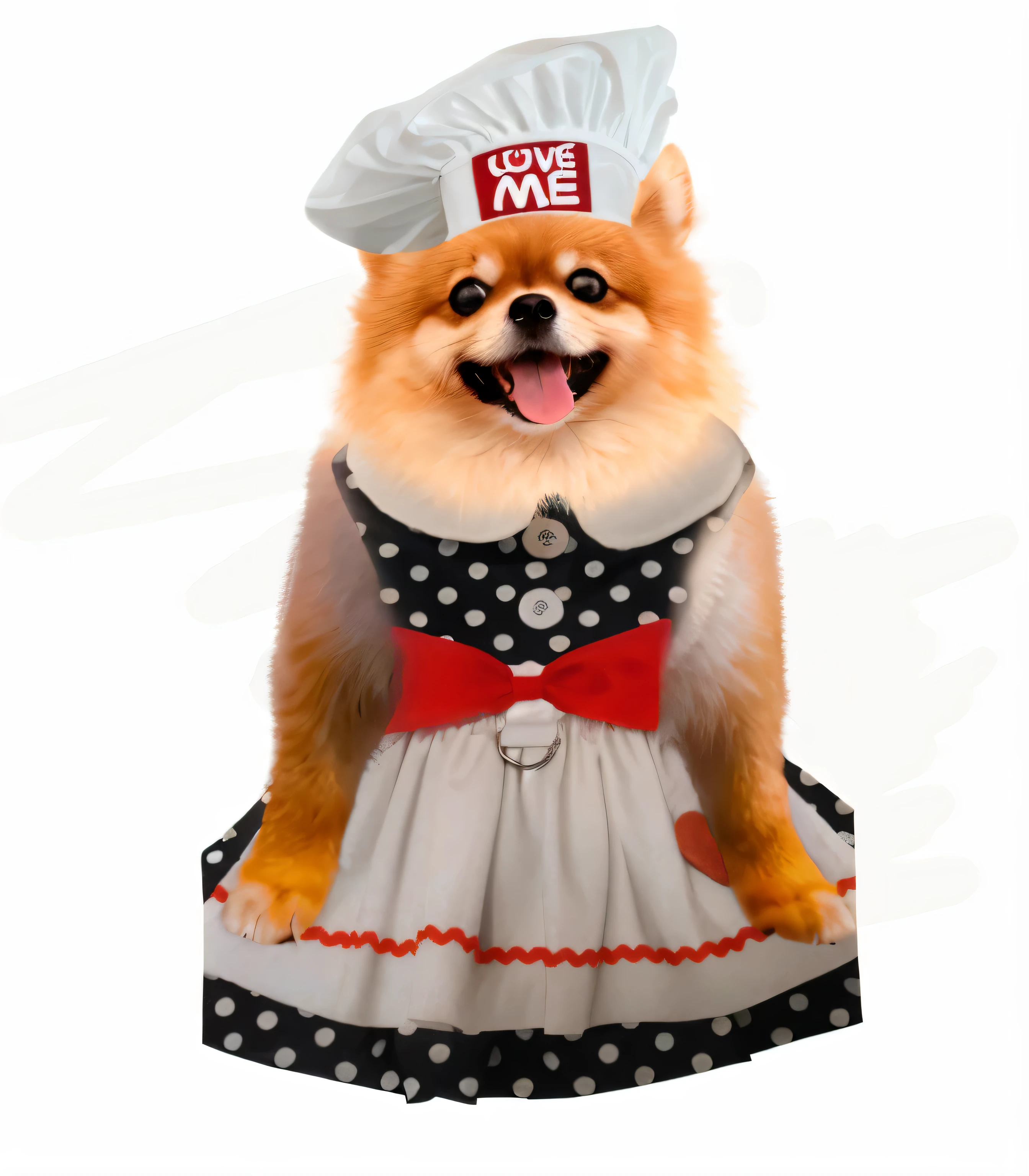 arafed dog dressed in a dress and hat with a love note on it, dressed as a pastry chef, pomeranian, umamusume, doge, costume, fursona, pomeranian mix, sophie, pepper, best chef, , anthropomorphic shiba inu, by Joe Bowler, dank, inspired by Shiba Kōkan