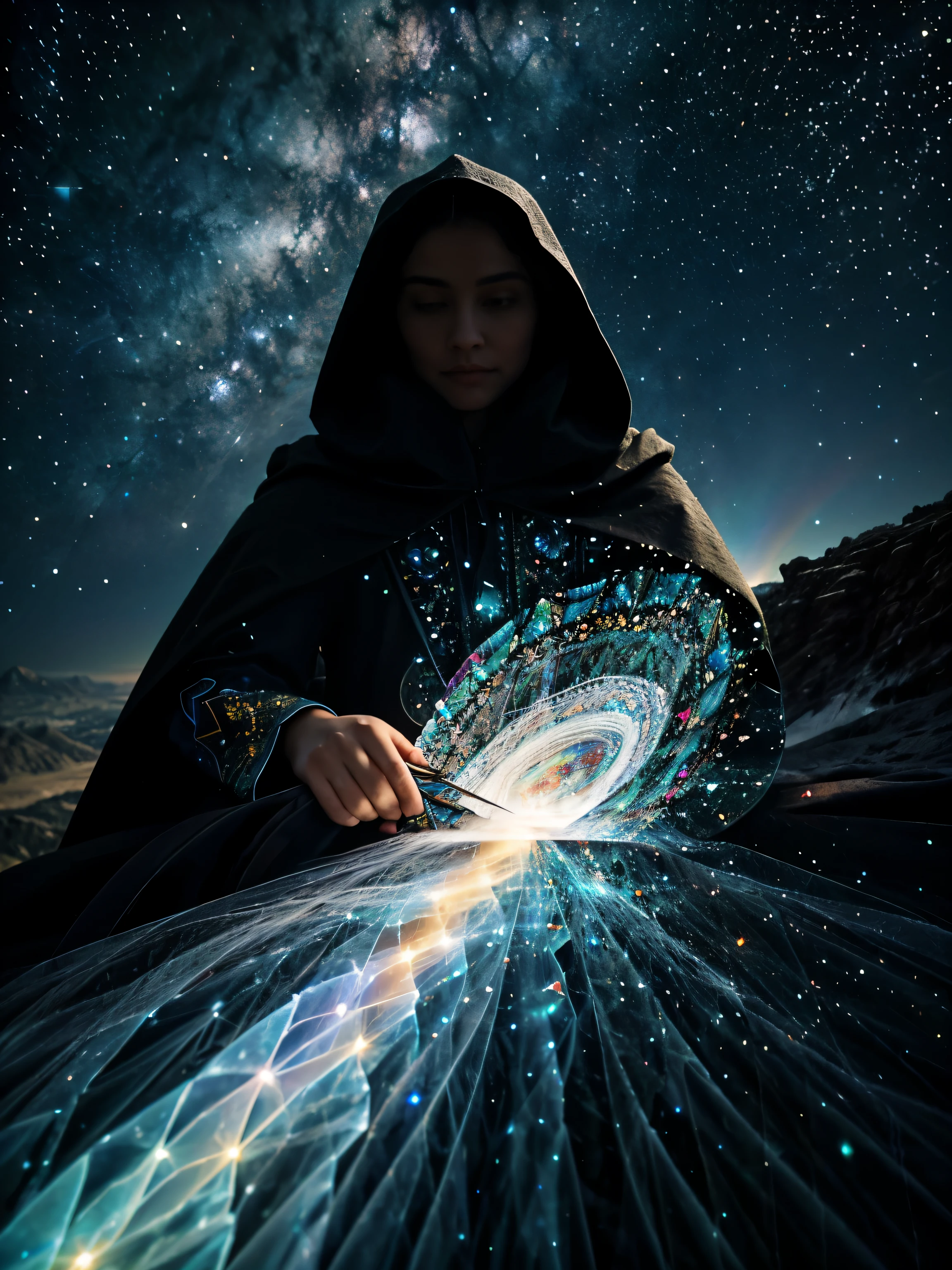 At the edge of a precipice, a silhouette with an intricately embroidered cloak extends an ornate, crystalline hand towards a swirling galaxy that unfolds in layers of luminescent, multidimensional hues, embodying the kaleidoscopic journey for purpose amidst the cosmic unknown.