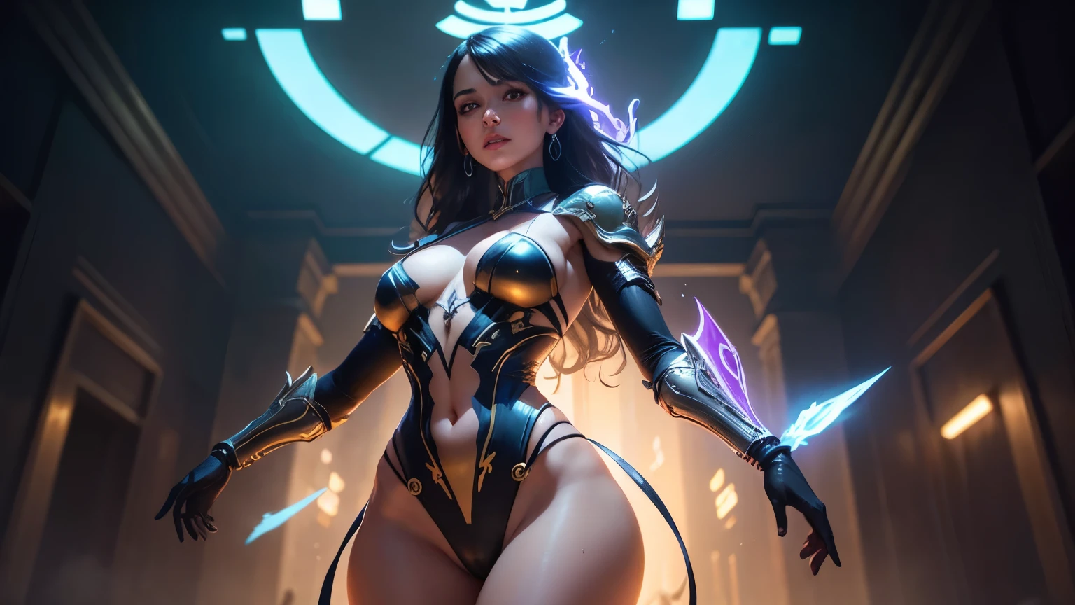 Sozinha, 1 mulher, Foco feminino, android, obra de arte, alta qualidade, arm cannon, a cidade cyberpunk ao fundo, SSCI - FI, fantasia, intricado, muito bonita, elegante, luz neon, altamente detalhado, pintura digital, art station, arte conceitual, anatomia humana, Luz suave, suave, illustration, por tian zi e artgerm e greg rutkowski e alphonse mucha e loish e WLOP