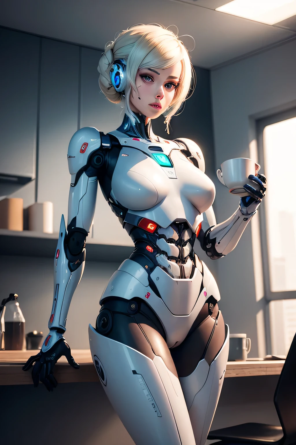 Female robot drinking coffee in the break room The whole body is made of a machine relieved expression, Hmm, retina, masterpiece, Accurate, anatomically correct, rough skin, Super detailed, advanced details, high quality, Awards, 最high quality, High resolution