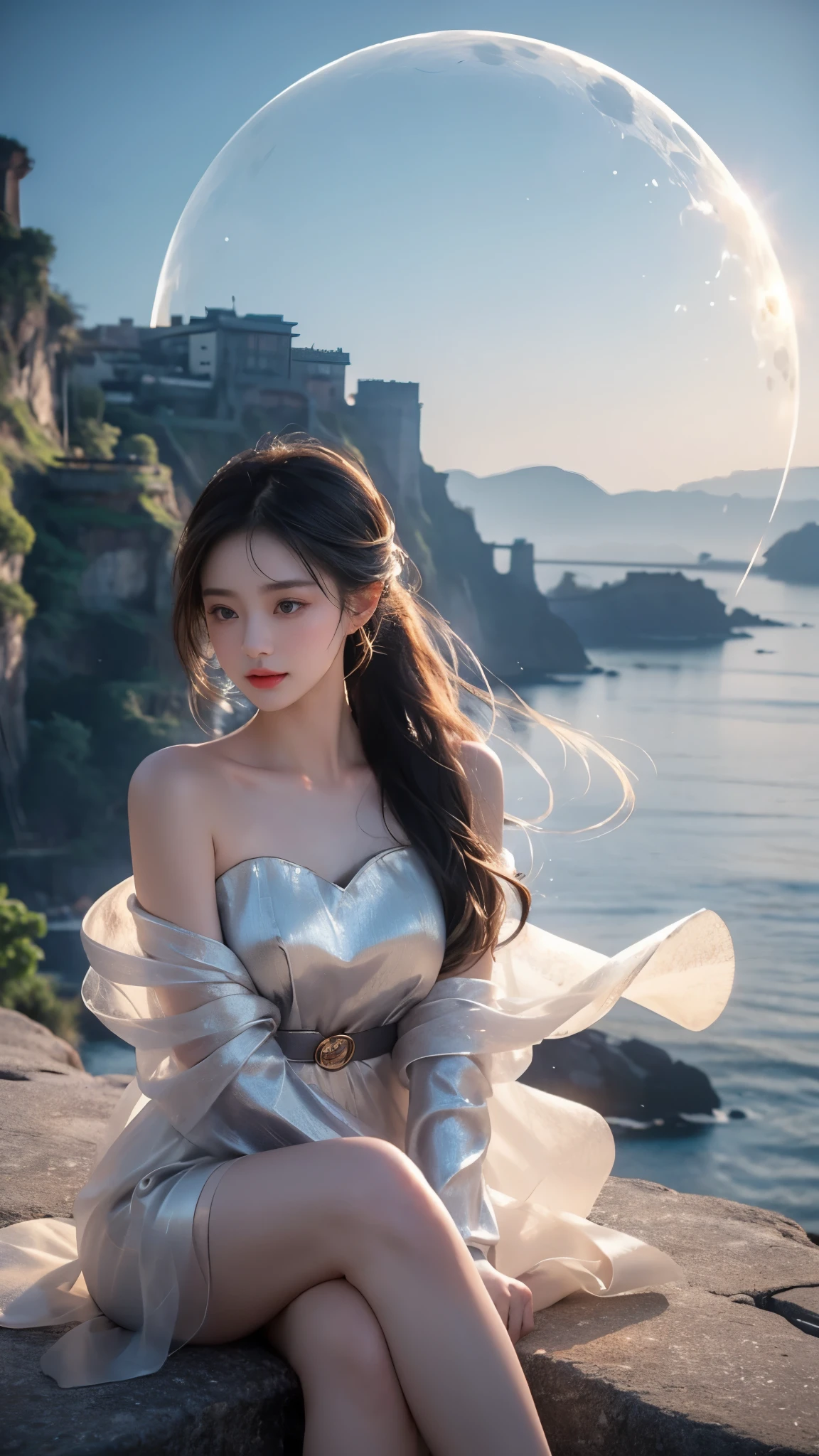 (masterpiece, best quality:1.2), 1girl, solo, ((gufeng,bare shoulders)), at the hilltop，Moonlight，((sitting position, sitting at the edge of a cliff)), figure of heroine，Slender sexy legs，very beautiful legs，Leaking sexy legs，Big breasts，beauty, mystery。脸庞beauty精致，Otherworldly beauty。The bridge of the nose is straight，Lip color like cherry，Confident and calm。face chiseled，Skin as fair as jade，Makeup is light and delicate，Show her temperament and charm。Light foundation, Transparency of skin，perfect eyebrow shape，eye makeup,eye shadow,Eyeliner，Eyes are brighter and more energetic。涂上grace的口红，Charm and sophistication。衣服grace别致，Clothes flutter，Blown up by the wind，drifting into the distance。grace，Swinging action。Hair tied haphazardly behind the head，Secure it with a hosta，Strands of hair flutter gently in the wind，一道beauty的风景线，Attract attention。beauty、grace、mystery