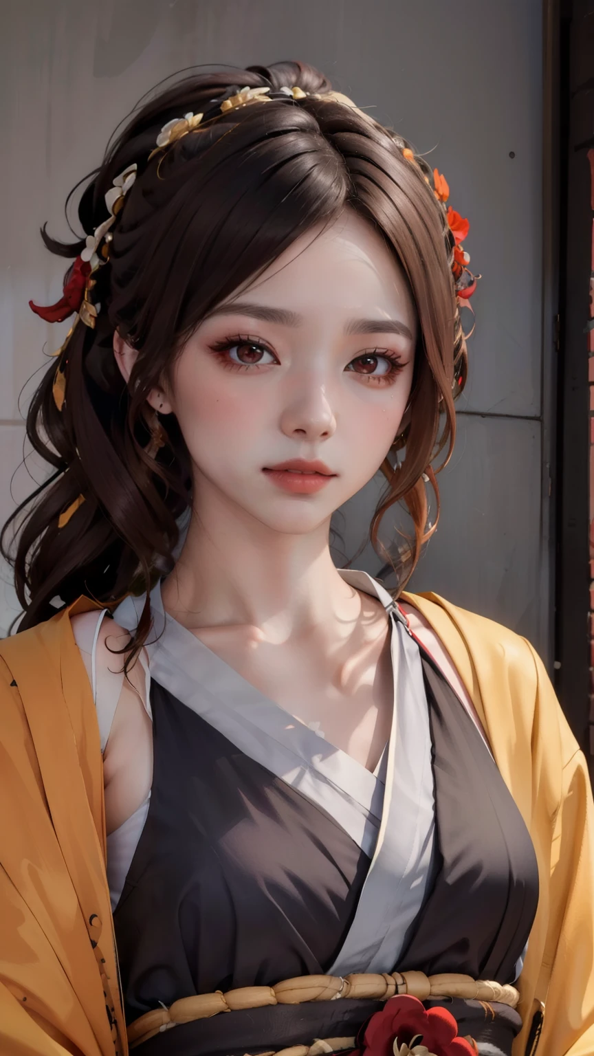 masterpiece), (8k, lifelike, original photo, best quality), (1 girl), pretty face, (lifelike的脸), (brown hair, Long curly hair), Beautiful ponytail hairstyle, lifelike的眼睛, red headdress,red eyes,big ,beautiful details eyes, (lifelike的皮肤), Beautiful skin, (Hanfu), absurd, attractive, Ultra HD, Surreal, HD, golden ratio,
