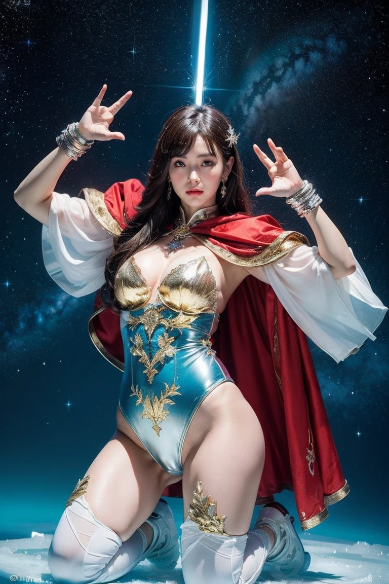 highest quality, masterpiece, realistic, High resolution, 8k RAW写真, 1 girl、long hair、goddess、has a decorated sword、Swing your sword up、((glamor body:1.3))、(Light blue bodysuit with ice motif、gold edge、red cloak)、silver pendant、silver earrings、(((action pose)))、(On the ice of a planet where you can see the starany ice crystals in the starry sky)