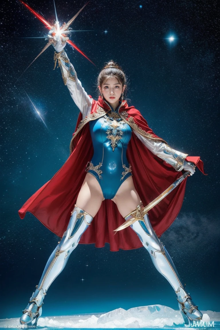 highest quality, masterpiece, realistic, High resolution, 8k RAW写真, 1 girl、long hair、goddess、has a decorated sword、Swing your sword up、((glamor body:1.3))、(Light blue bodysuit with ice motif、gold edge、red cloak)、silver pendant、silver earrings、(((action pose)))、(On the ice of a planet where you can see the starany ice crystals in the starry sky）